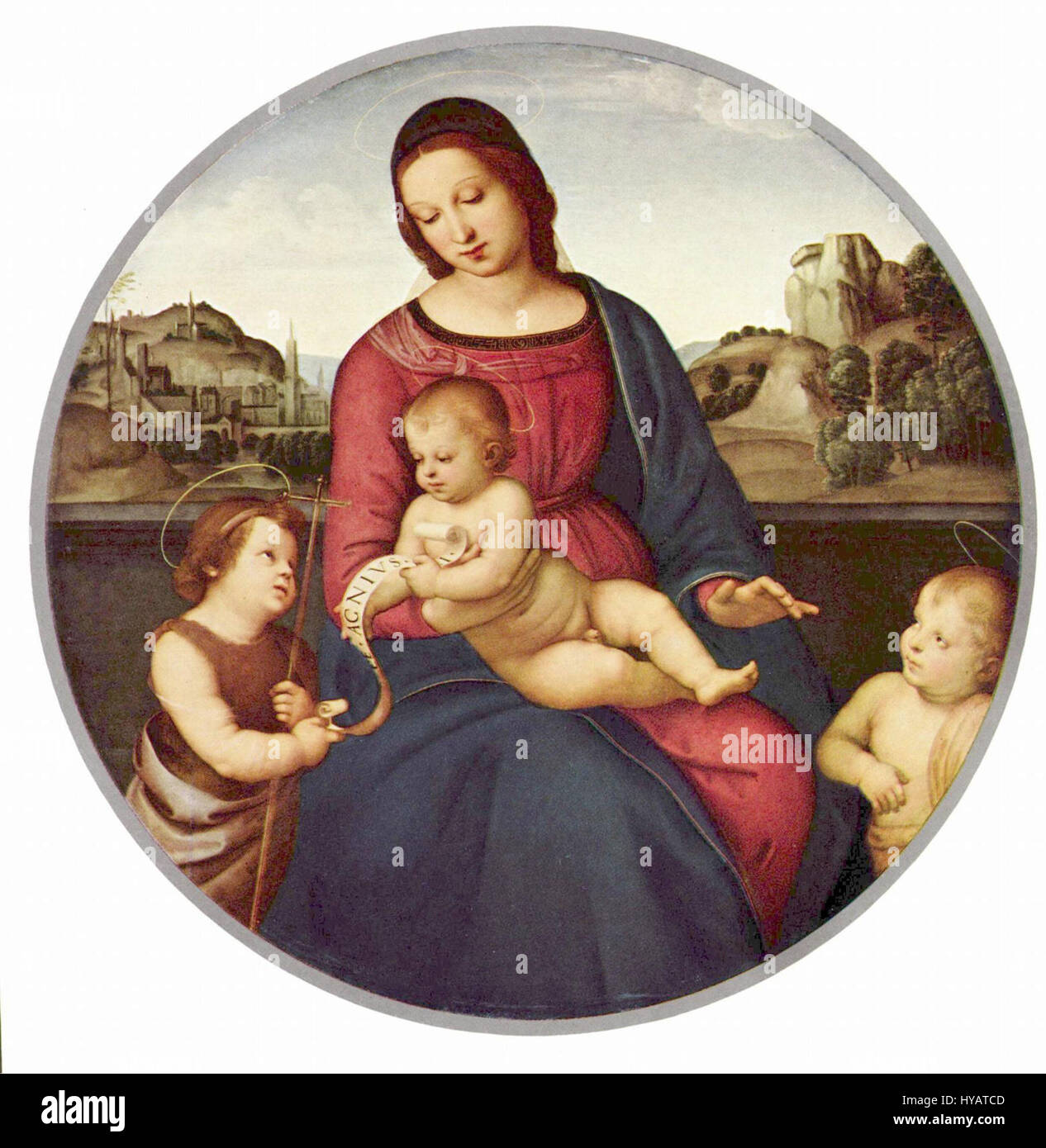 Cette œuvre est attribuée au célèbre artiste italien Raphaël, connu pour sa maîtrise du style de la haute Renaissance. Les compositions de Raphaël présentent souvent des figures sereines, l'harmonie et la beauté classique, mettant l'accent sur l'équilibre et la proportion dans ses œuvres. Banque D'Images