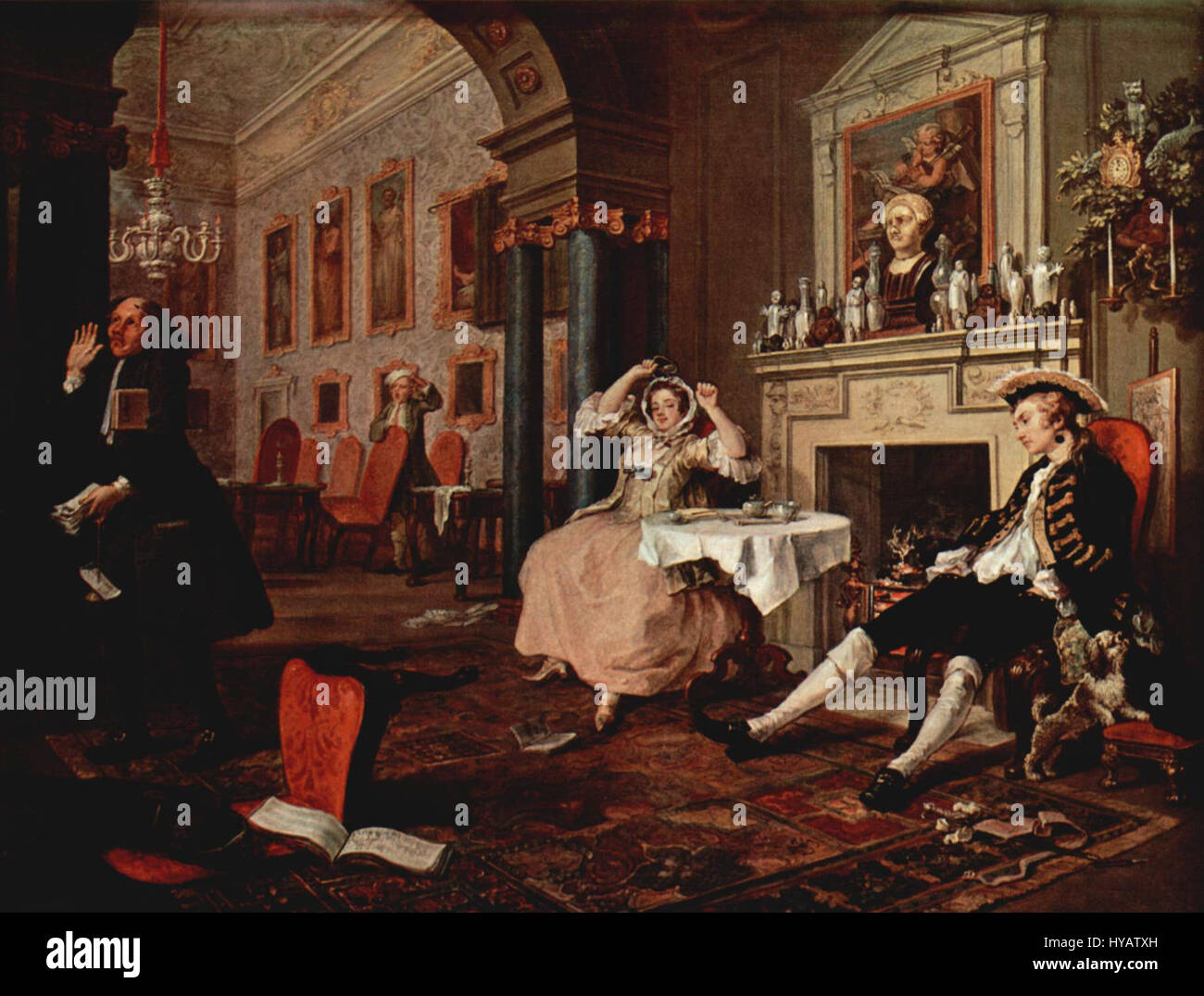 Cette estampe antique de William Hogarth, réputée pour ses œuvres satiriques, offre un aperçu des Britanniques du XVIIIe siècle Connu pour ses compositions détaillées, les gravures de Hogarth capturent les enjeux sociaux et moraux de son époque. Banque D'Images
