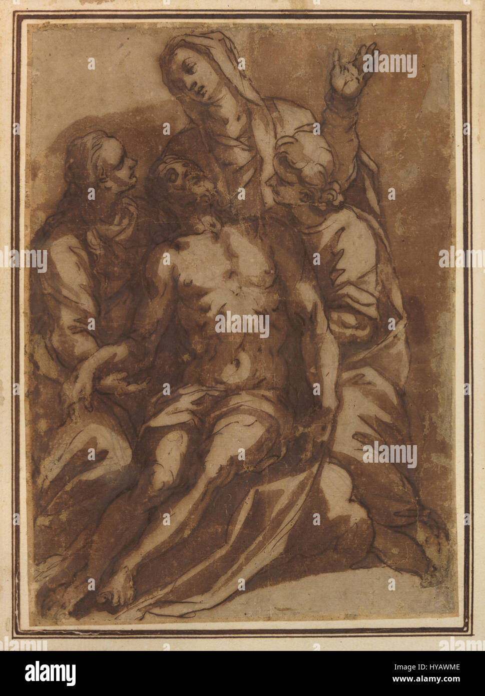 'Sepultamento de N. S. Jesus Cristo' d'Alessandro Maganza représente l'enterrement de Jésus-Christ, un événement religieux important. L'œuvre met en évidence l'habileté de l'artiste à capturer des scènes religieuses dramatiques avec des couleurs riches et des détails. Banque D'Images