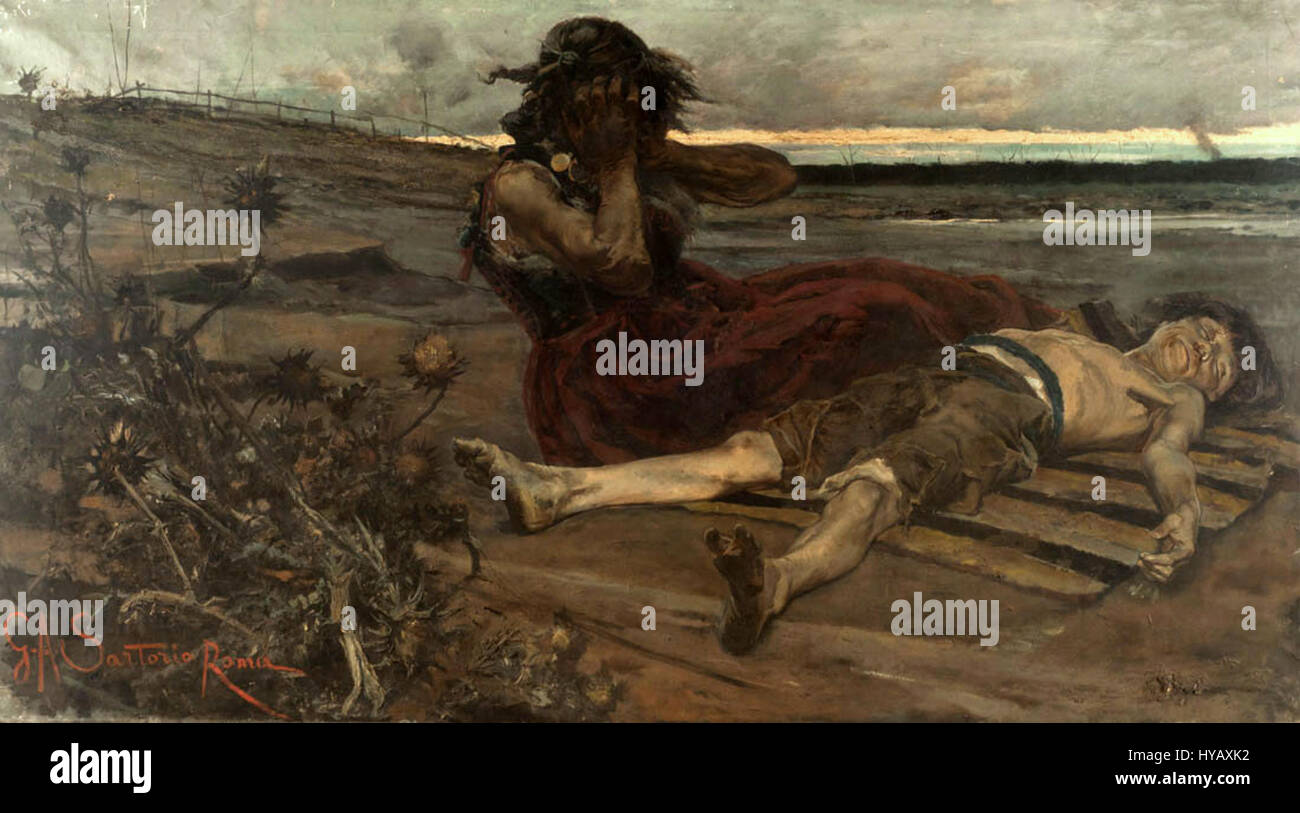 La peinture de Giulio Aristide Sartorio "paludisme" dépeint les effets dévastateurs de la maladie, peut-être en Italie, mettant en évidence les souffrances humaines et les conditions environnementales liées à l'impact du paludisme au début du XXe siècle. Banque D'Images