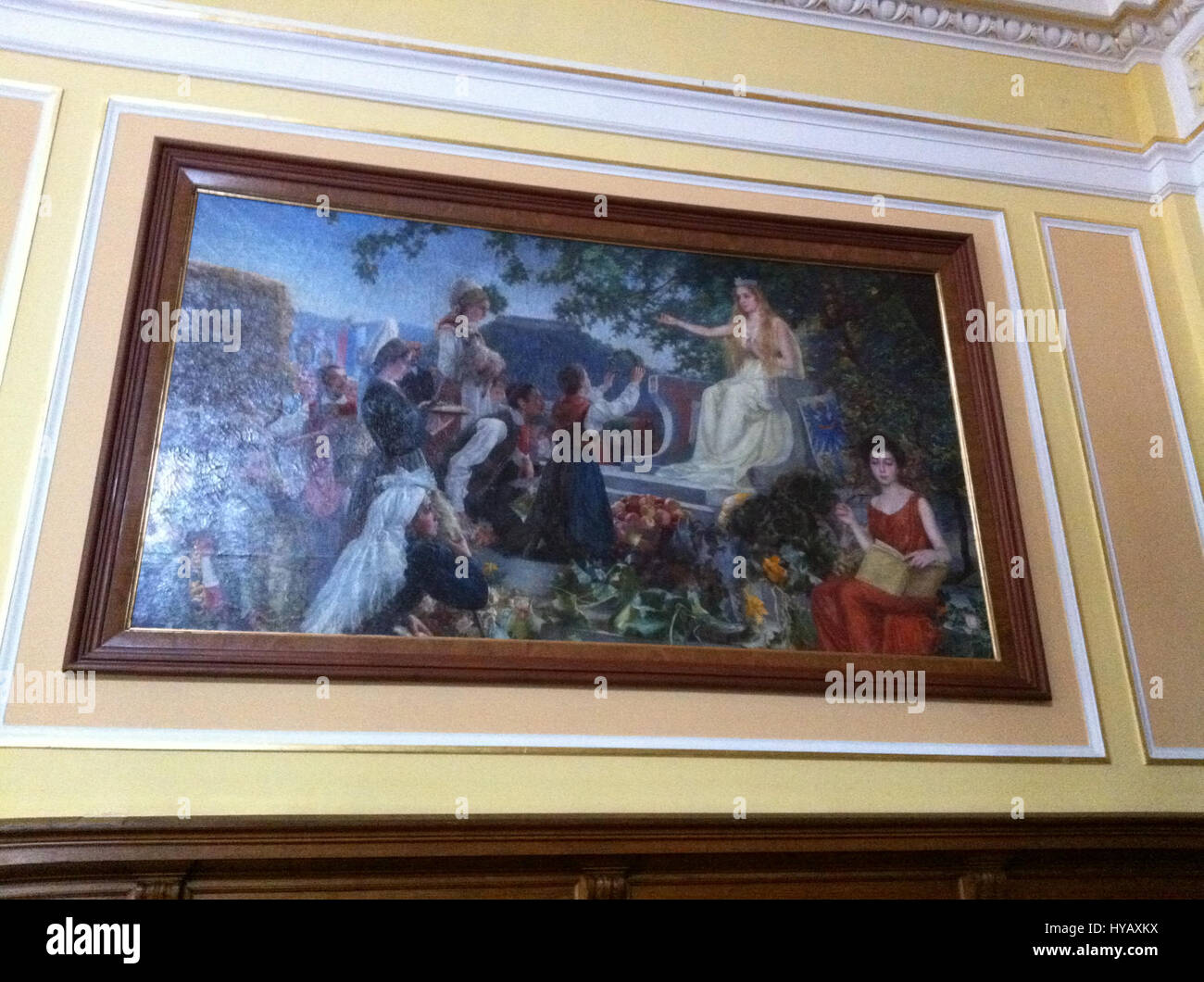 La peinture d'Ivana Kobilca 'Slovenija se klanja Ljubljani' (la Slovénie s'incline devant Ljubljana) représente une scène nationale célébrant l'identité et la fierté slovènes. L’œuvre dépeint un geste symbolique de respect envers la capitale, Ljubljana, et sa signification culturelle. Banque D'Images