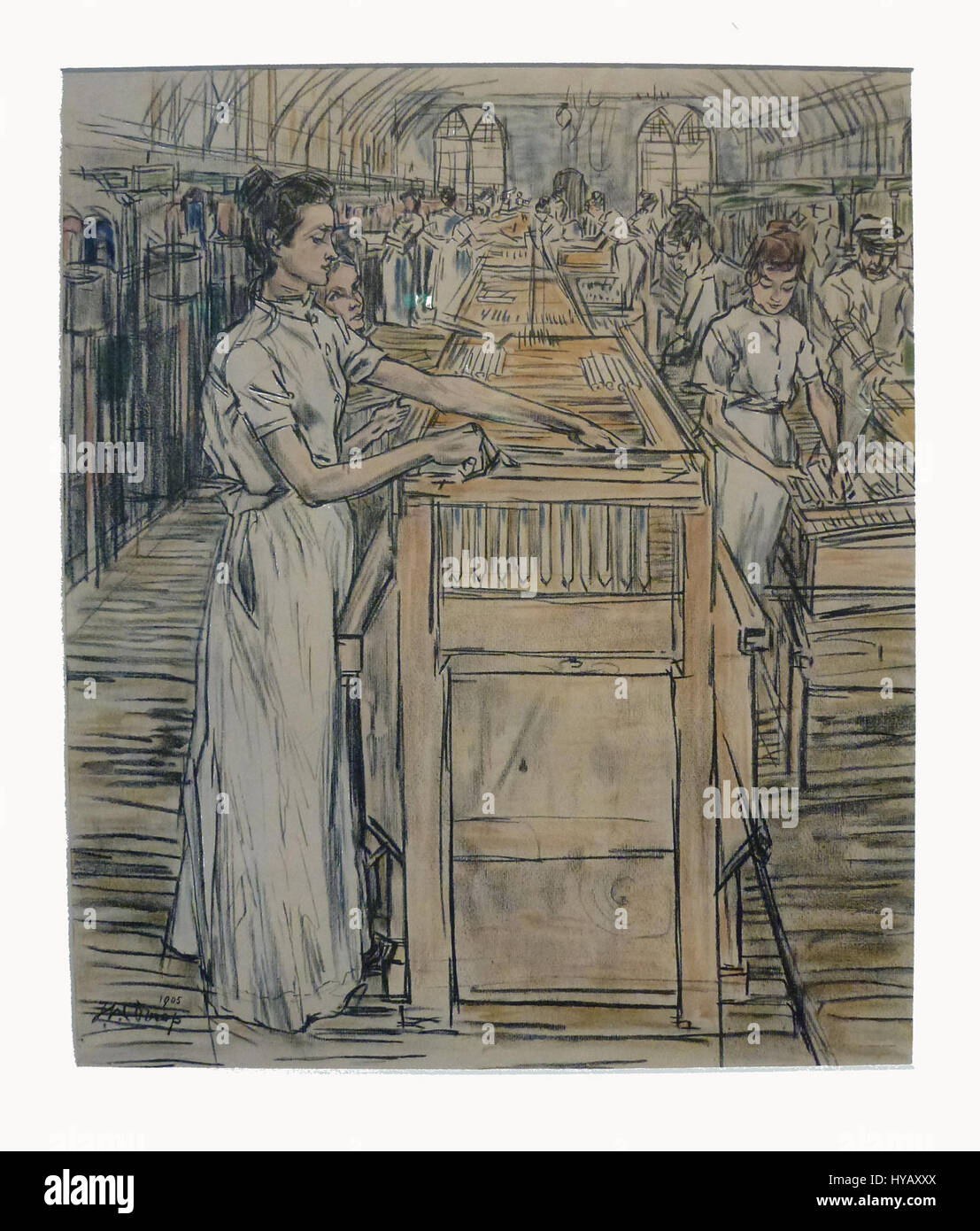 Une œuvre de Jan Toorop intitulée '7 Afwerkerij', qui présente une représentation de Kaarsenfabriek Gouda, une usine de bougies aux pays-Bas. L’œuvre met en valeur l’activité industrielle et les ouvriers d’usine de manière stylisée, typique de la symbolique de Toorop Banque D'Images