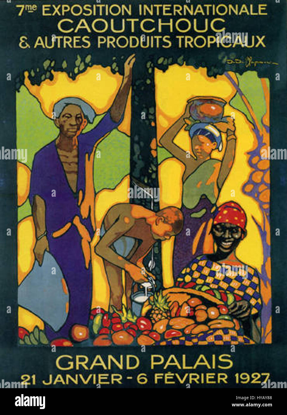 Affiche caoutchouc est une affiche de 1927 qui utilise une typographie audacieuse et un design géométrique, reflétant le mouvement Art déco. L'affiche est une représentation visuelle des produits industriels, mettant en valeur les tendances esthétiques et les avancées technologiques du début du XXe siècle. Banque D'Images