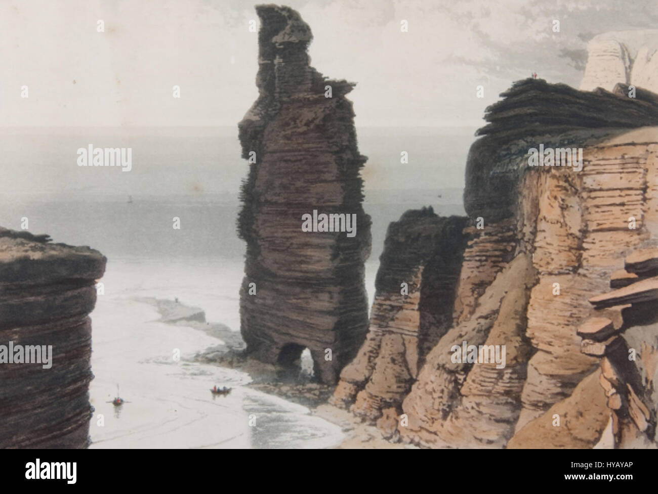 « Old Man of Hoy » de William Daniell est une lithographie en couleur représentant un point de repère naturel sur les îles Orcades en Écosse. L'œuvre met en valeur l'imposante pile marine, une formation géologique, ainsi que son paysage marin spectaculaire et son terrain accidenté environnant, mettant en évidence la beauté et la grandeur des paysages côtiers de l'Écosse. Banque D'Images
