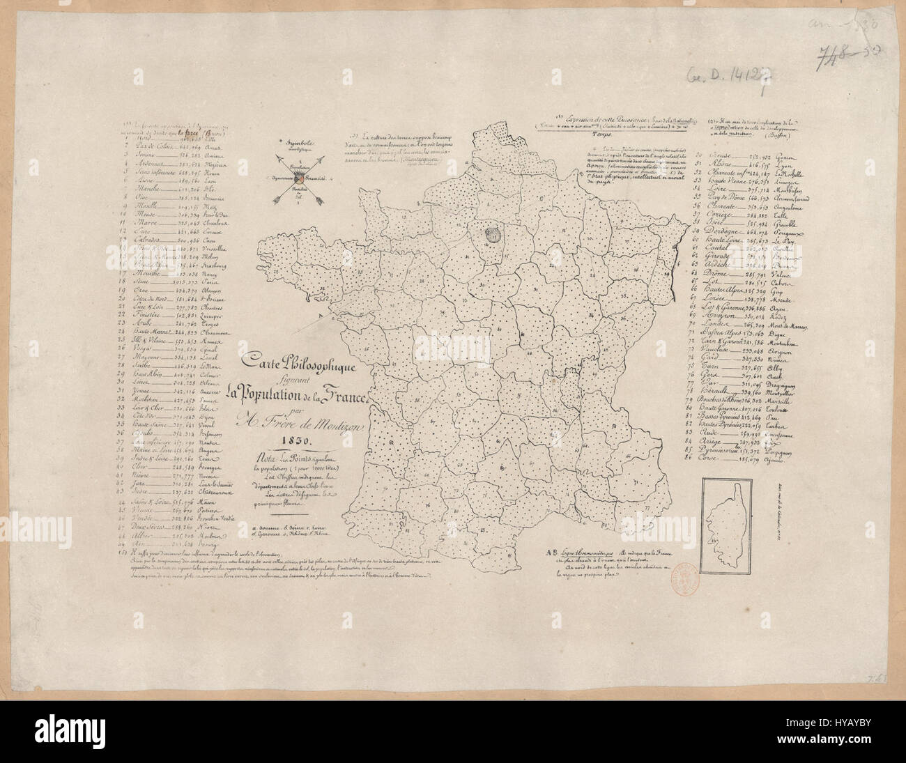 La « carte philosophique figurant la population de la France » est une carte illustrant la répartition de la population en France, en se concentrant sur les interprétations philosophiques et sociologiques des schémas démographiques. Créée au XVIIIe siècle, cette carte met en évidence la relation entre la géographie et la dynamique des populations. Banque D'Images