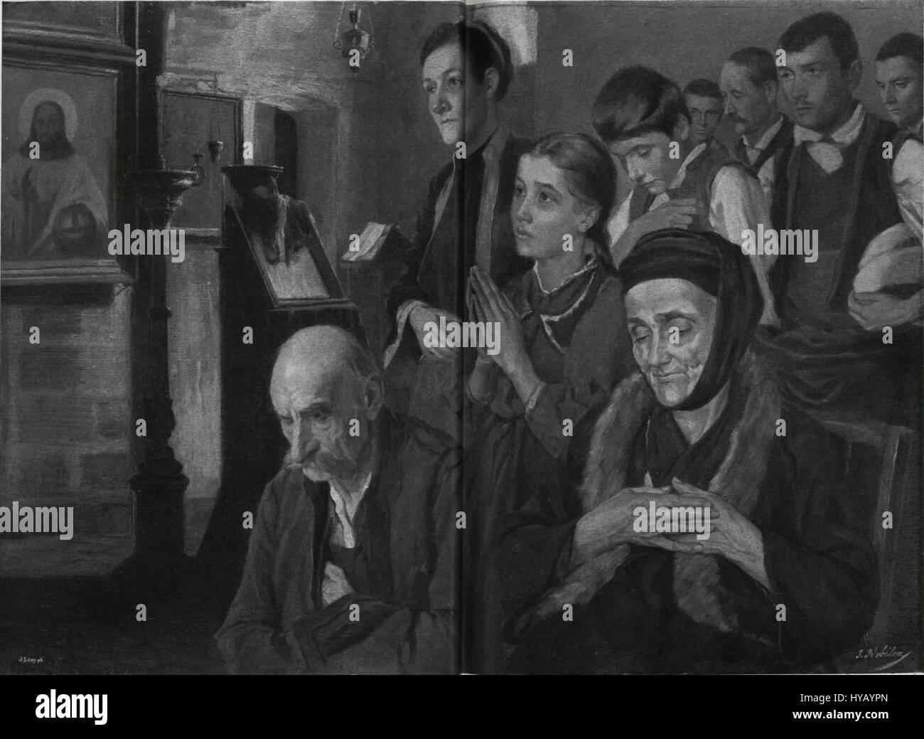 'V pravoslavni cerkvi' (dans l'église orthodoxe) d'Ivana Kobilca dépeint une scène à l'intérieur d'une église orthodoxe, en mettant l'accent sur les détails architecturaux et l'atmosphère religieuse. La peinture capture les éléments spirituels et culturels du christianisme orthodoxe oriental. Banque D'Images