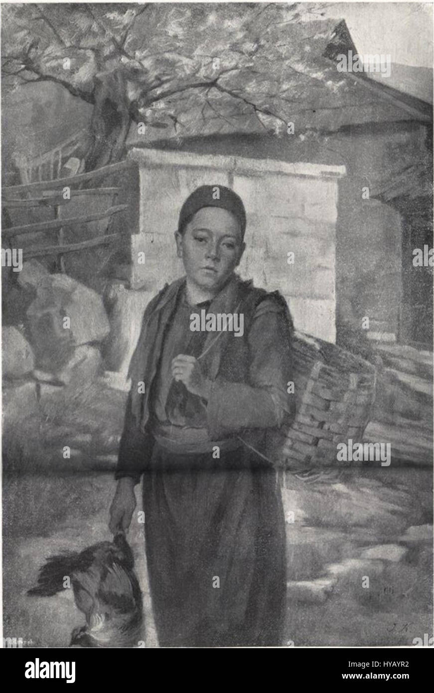 La peinture d'Ivana Kobilca 'Na trg' (sur la place) représente une scène de rue animée, capturant l'essence de la vie quotidienne en Slovénie du XIXe siècle. L’œuvre met l’accent sur la lumière et le naturalisme, caractéristiques du style réaliste de Kobilca. Banque D'Images