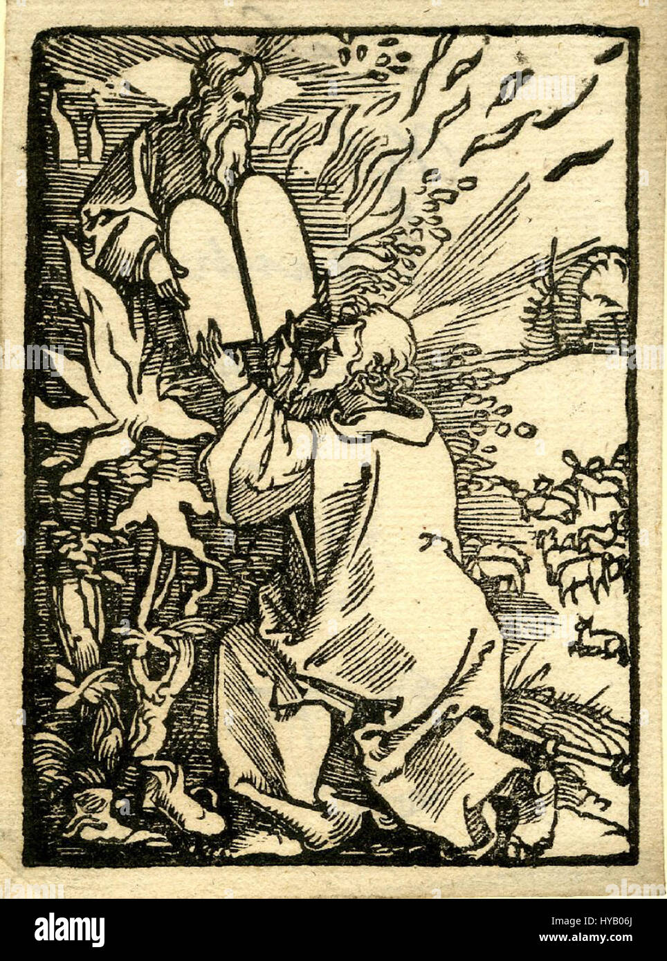 La gravure des dix Commandements de Luther Beham en 1527 offre une représentation visuelle des lois bibliques. La pièce reflète l’influence de l’ère de la réforme sur l’art religieux et le désir d’expression religieuse personnelle. Banque D'Images