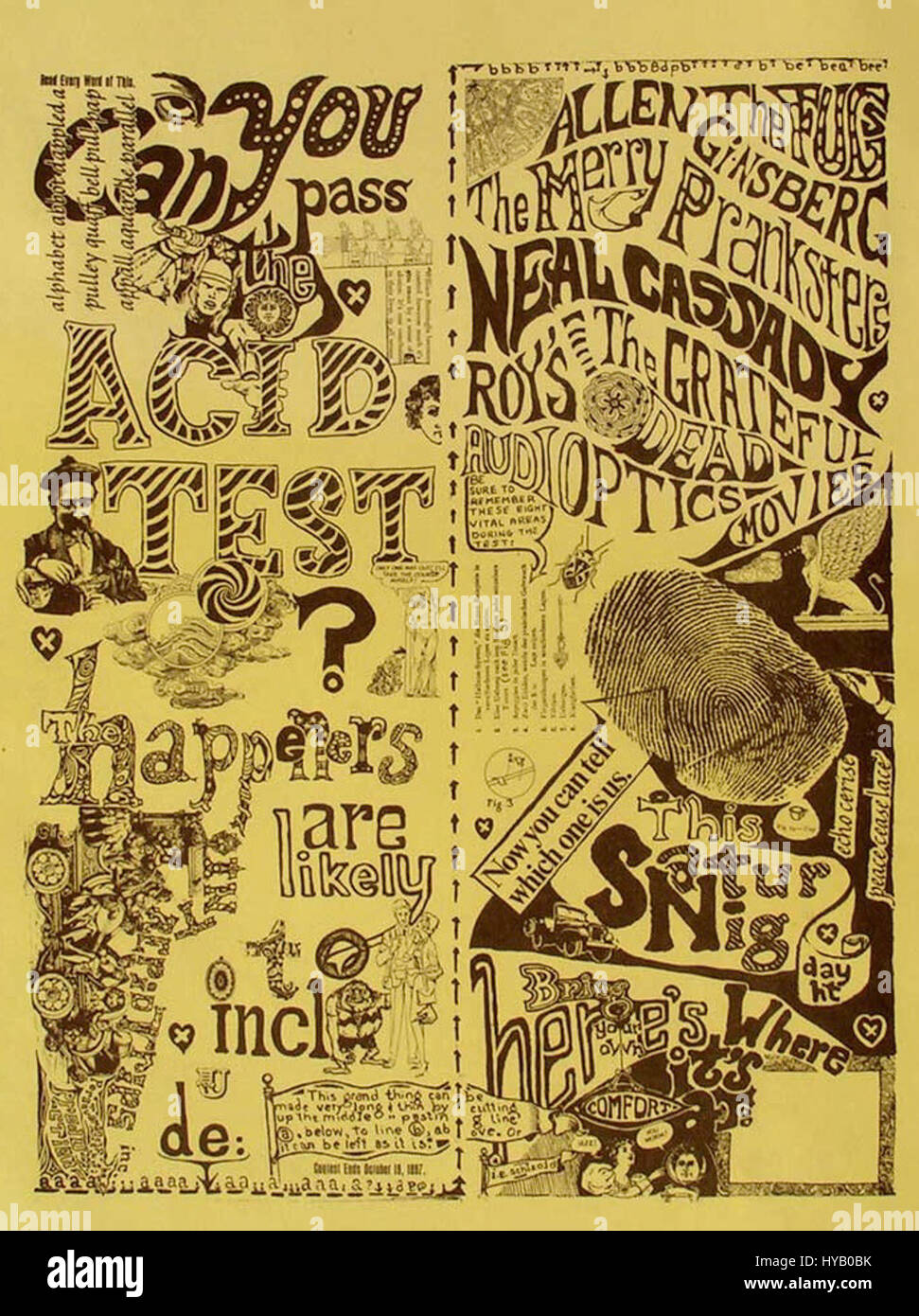 Cette impression de flyer de 1965 Acid test, non colorée et non modifiée, est un artefact du mouvement de contre-culture, associé à Ken Kesey et aux Merry Pranksters. Il représente la culture psychédélique des années 1960, promouvant la musique expérimentale et les rassemblements communaux. Banque D'Images