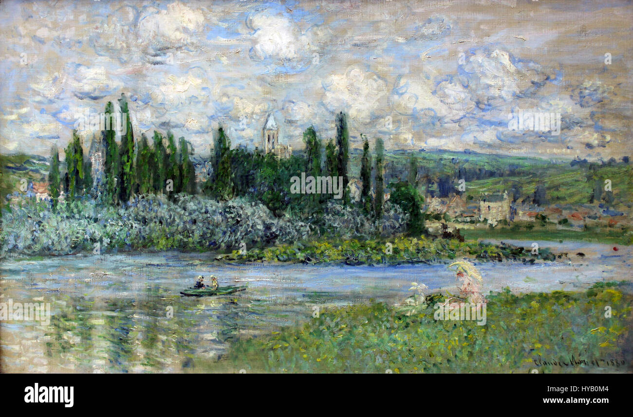 « Vetheuil sur Seine » de Claude Monet datant de 1880 capture l'atmosphère tranquille du village de Vétheuil, au bord de la Seine. La peinture met l'accent sur la lumière et la couleur, avec la technique de coup de pinceau signature de Monet. Banque D'Images