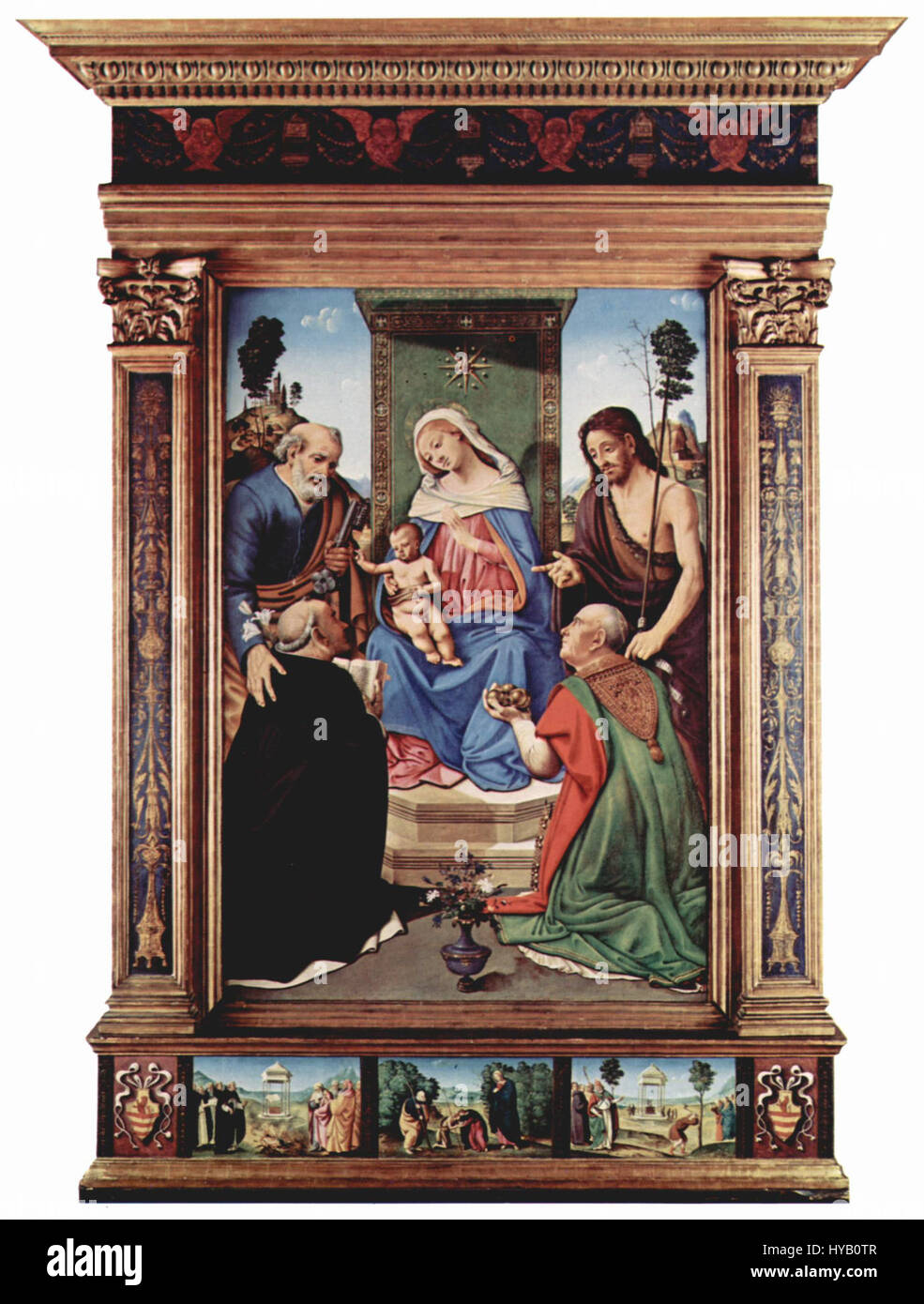 Piero di Cosimo La Madone et lEnfant ont intronisé avec les Ss. Pierre, Jean le Baptiste, Dominique, et Nicolas de Bari Banque D'Images