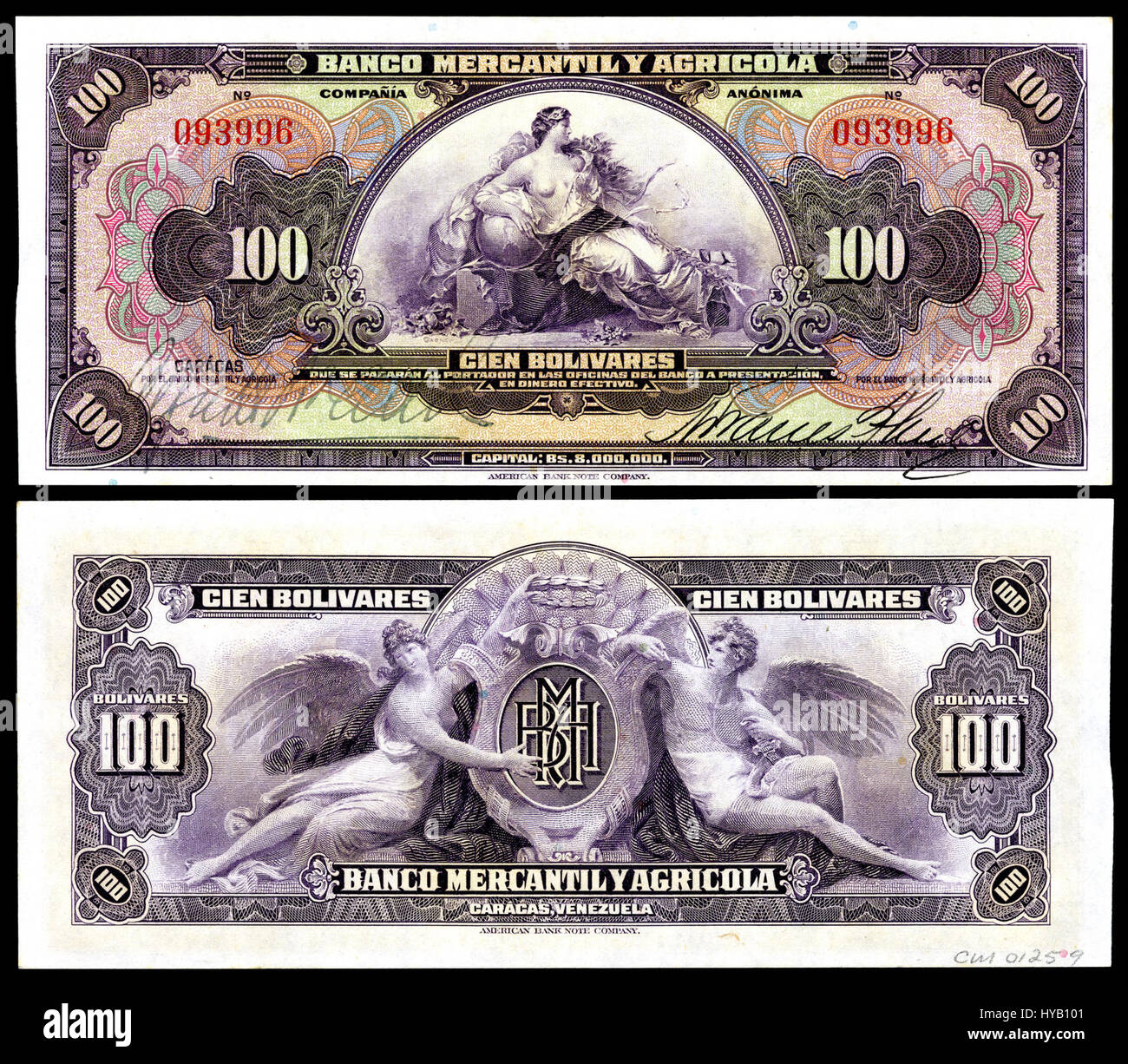 Ce billet de 1929 de la Banco Mercantil y Agricola porte la valeur nominale de 100 Bolívares. Il présente des gravures complexes et représente un élément important de l'histoire de la monnaie vénézuélienne, reflétant le paysage économique et politique de l'époque. Banque D'Images