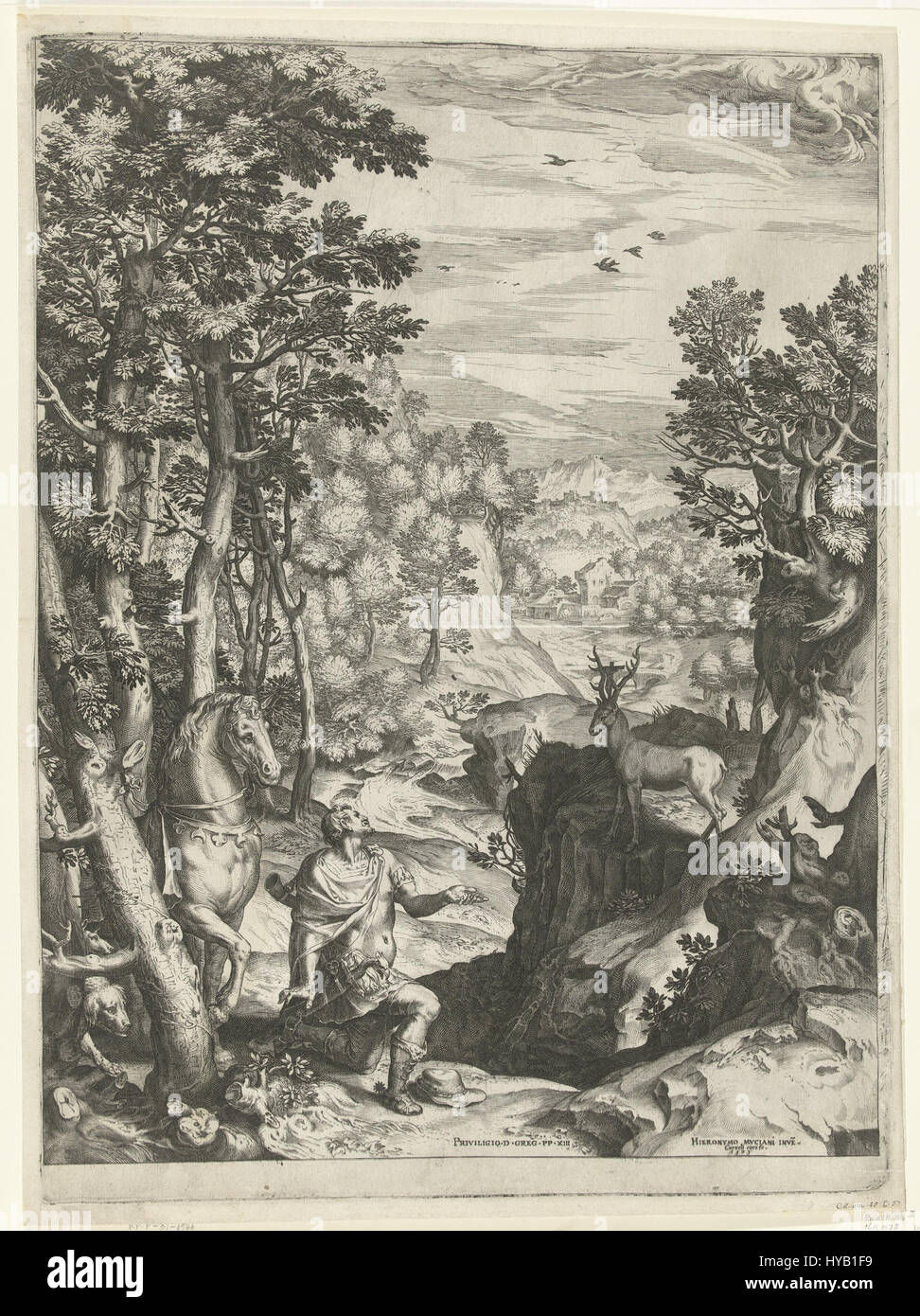 Cornelis Cort était un graveur flamand du XVIe siècle connu pour ses collaborations avec des artistes tels que Girolamo Muziano. La gravure 'Sant'Eustachio' est l'une des œuvres clés de Cort, représentant des thèmes religieux et des figures détaillées. Banque D'Images