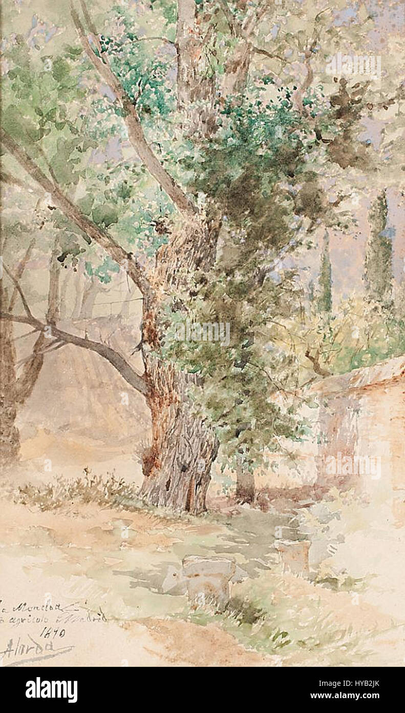'Vista de la Moncloa' de 1890 représente une vue panoramique de la région de Moncloa à Madrid, en Espagne. La scène capture le paysage et les caractéristiques architecturales de la région à la fin du XIXe siècle, mettant en valeur la croissance et la transformation de Madrid à cette époque. Banque D'Images
