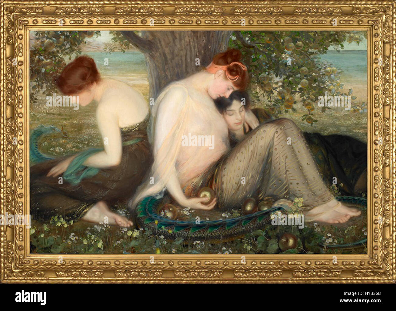 Le « jardin des Hespérides » d'Albert Herter est une peinture connue pour ses thèmes riches et mythiques. Il représente le légendaire jardin de la mythologie grecque, entouré d'une flore et de figures vibrantes, encapsulant des thèmes classiques dans le style distinctif de l'artiste. Banque D'Images