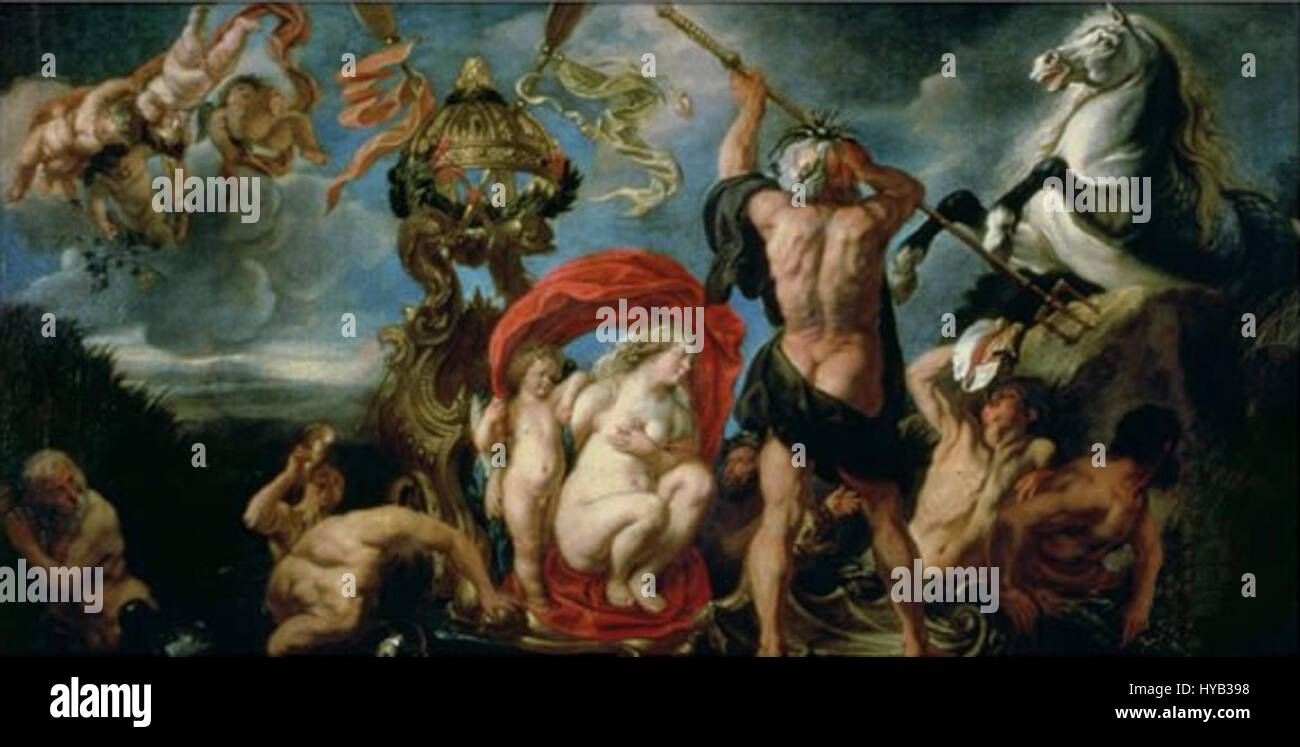 Jacob Jordaens' 1645 peinture 'Neptune créer le cheval' capture le moment mythologique où Neptune crée le cheval à partir de la mer. La représentation vivante de Neptune et du cheval met en évidence l'utilisation par Jordaens de l'éclairage dramatique et de la mythologie classique. Banque D'Images