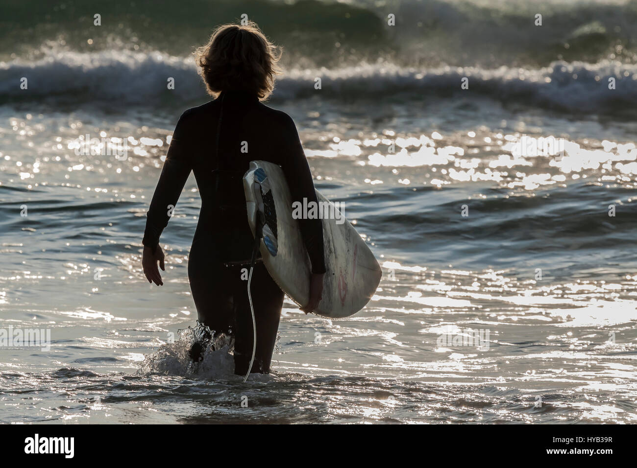 Porter une combinaison isothermique fille marcher dans de l'eau transportant un surf Banque D'Images