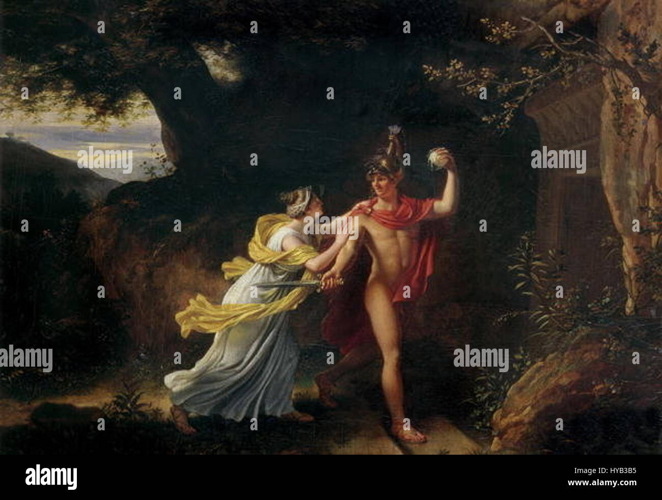'Ariane et Thésée' de Jean Baptiste Regnault dépeint l'histoire mythologique d'Ariane aidant Thésée dans sa fuite du labyrinthe. La peinture capture le moment de leur évasion avec des détails vifs et une émotion dramatique, mettant en valeur l'expertise de Regnault dans le néoclassique Banque D'Images