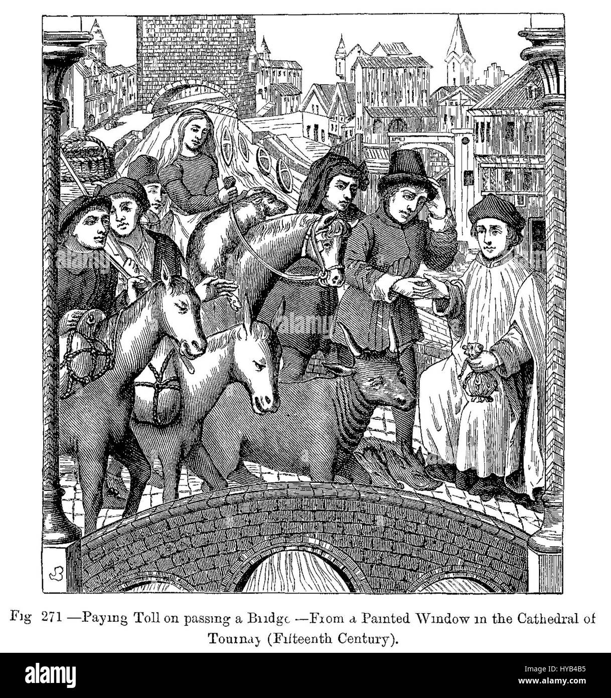 Cette fenêtre peinte du XVe siècle de la cathédrale de Tournai représente une scène médiévale de collecte de péages. Il reflète les structures économiques et sociales de l'Europe médiévale, où les péages étaient courants sur les ponts et les routes. Banque D'Images