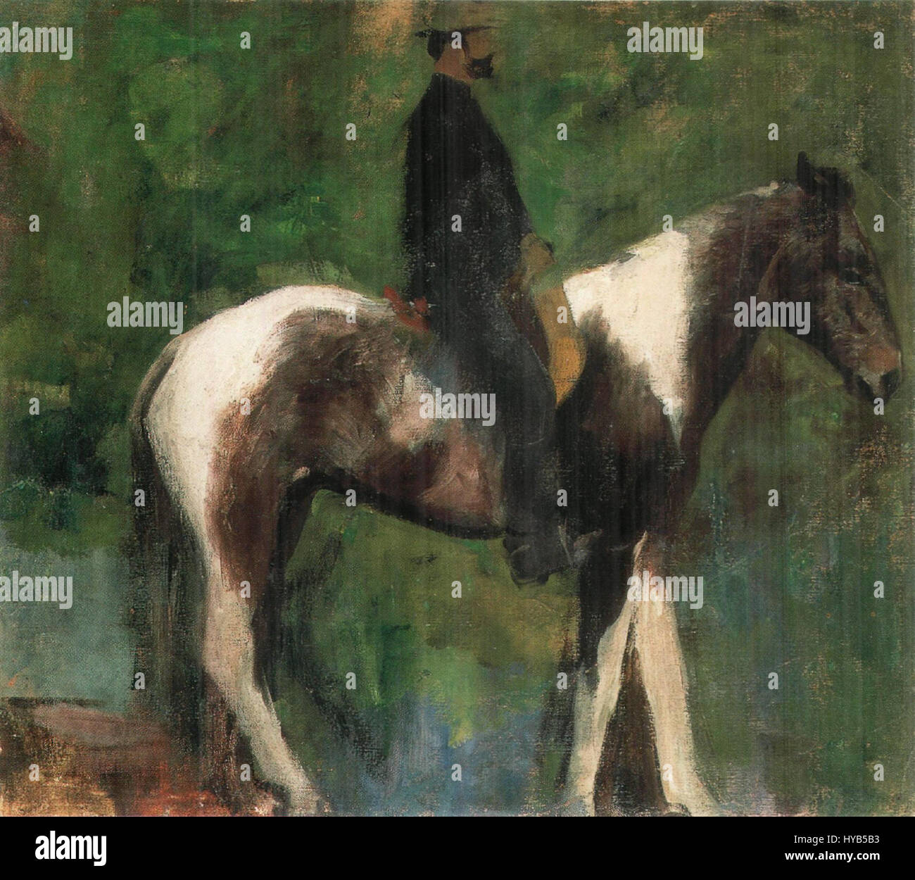 'Ferenczy Equestrian' de l'artiste hongrois István Ferenczy, peint en 1898, représente un cavalier dans une scène équestre dramatique et expressive. L'œuvre met en évidence l'énergie dynamique du cavalier et du cheval, typique de l'accent mis par Ferenczy sur l'interaction humaine et animale. Banque D'Images