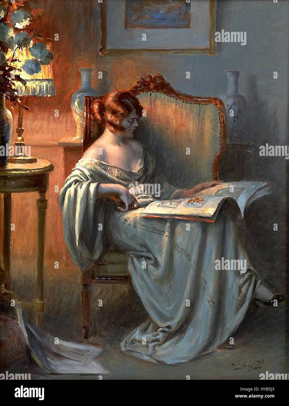 'La lecture' de Delphin Enjolras dépeint une femme lisant, un exemple de l'intérêt de l'artiste pour dépeindre des moments intimes et réalistes. Connu pour ses œuvres romantiques et impressionnistes, Enjolras a souvent capturé des scènes calmes et domestiques qui véhiculaient un sentiment de calme et de contemplation. Banque D'Images