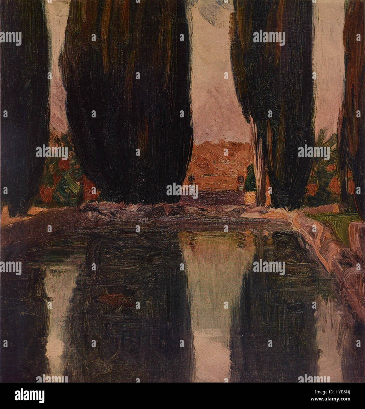« Cyprès » de Fujishima Takeji est une peinture de paysage sereine qui capture la beauté des cyprès avec un pinceau doux, montrant la maîtrise de l'artiste de la couleur et de la lumière, typique de la peinture à l'huile japonaise du début du XXe siècle. Banque D'Images « Cyprès » de Fujishima Takeji est une peinture de paysage sereine qui capture la beauté des cyprès avec un pinceau doux, montrant la maîtrise de l'artiste de la couleur et de la lumière, typique de la peinture à l'huile japonaise du début du XXe siècle. Banque D'Images