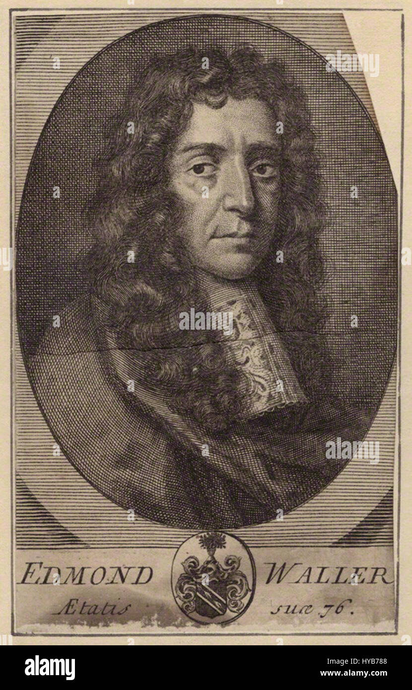 Cette gravure au trait d'Edmund Waller, basée sur un portrait de Sir Peter Lely, date de la fin du XVIIe au début du XVIIIe siècle. Il capture la ressemblance du poète anglais dans un style détaillé et spécifique à la période typique de l'époque. Banque D'Images