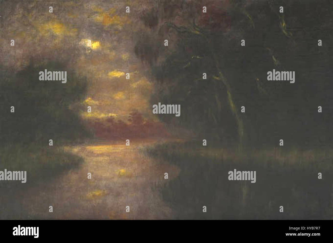 « Louisiana Twilight » d'Alexander John Drysdale capture la beauté sereine et atmosphérique du paysage de la Louisiane au crépuscule, mettant en valeur l'environnement calme et naturel. Banque D'Images