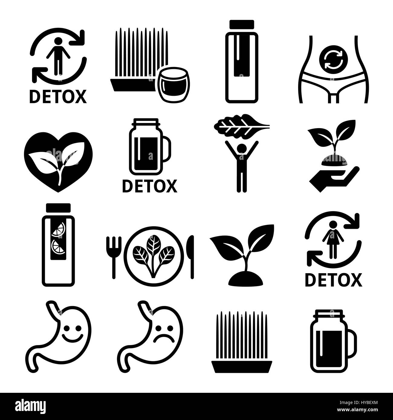 La désintoxication, le nettoyage du corps avec des jus de fruits, légumes ou le régime alimentaire icons set Illustration de Vecteur