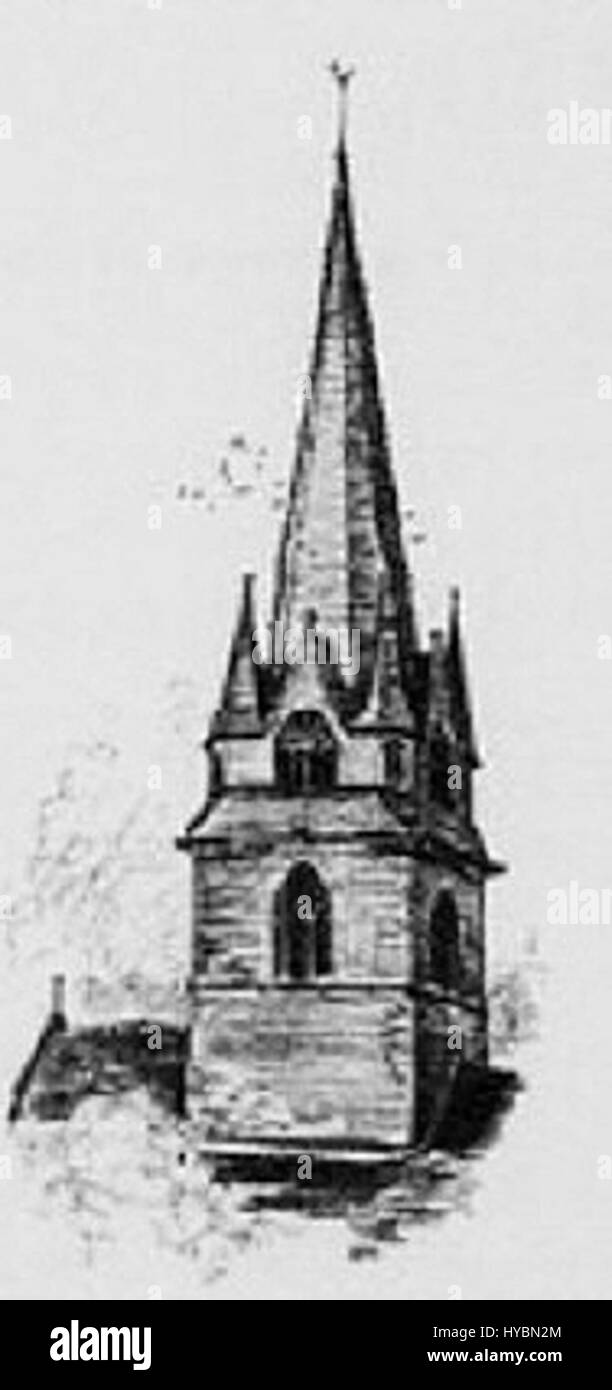 'Le clocher de Rosporden' d'Albert Robida capture une vue détaillée d'un paysage français. Robida, connu pour ses illustrations vives, apporte une profondeur historique et culturelle à cette pièce de français compris Banque D'Images