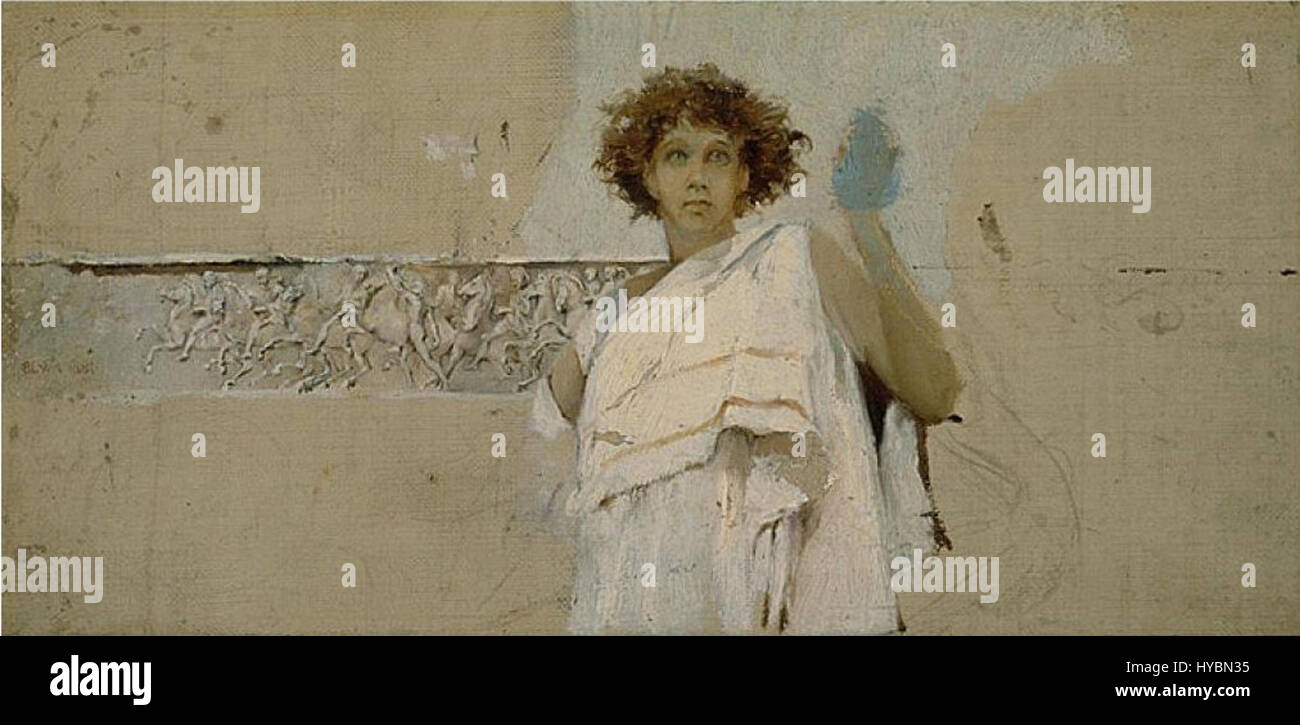 « Figure of Woman in Ancient Greek Dress » de Robert Frederick Blum présente une représentation détaillée d'une femme vêtue d'une tenue grecque classique. La pièce reflète l'intérêt de l'artiste pour la mode historique et le monde classique, soulignant la beauté des vêtements grecs anciens. Banque D'Images