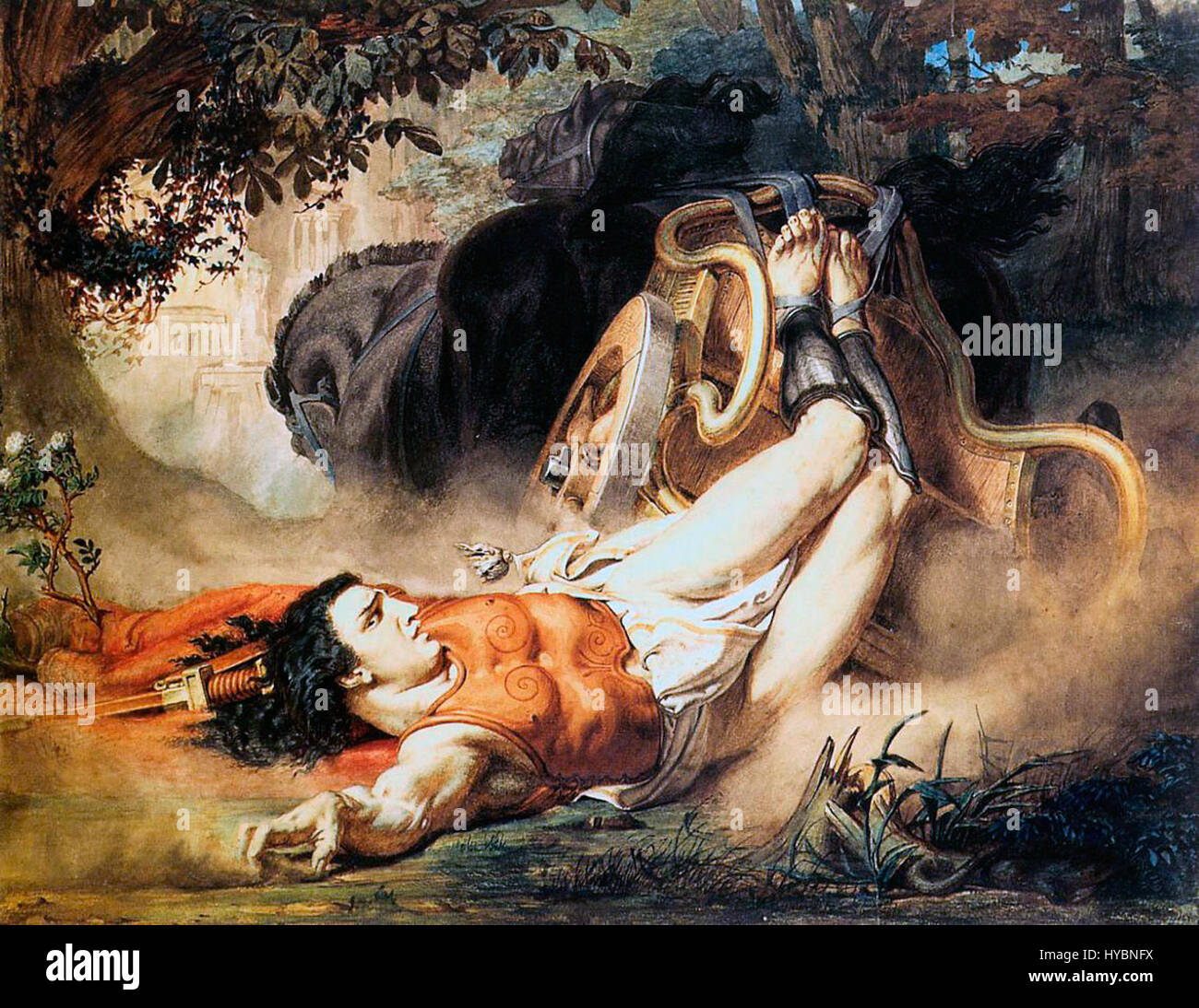 Hippolyte de Sir Lawrence Alma-Tadema représente la figure tragique de la mythologie grecque, Hippolyte, dans un moment d'intense expression émotionnelle. Connu pour son style classique, Alma-Tadema utilise des détails complexes et un éclairage dramatique pour rehausser la représentation de thèmes grecs anciens. Banque D'Images