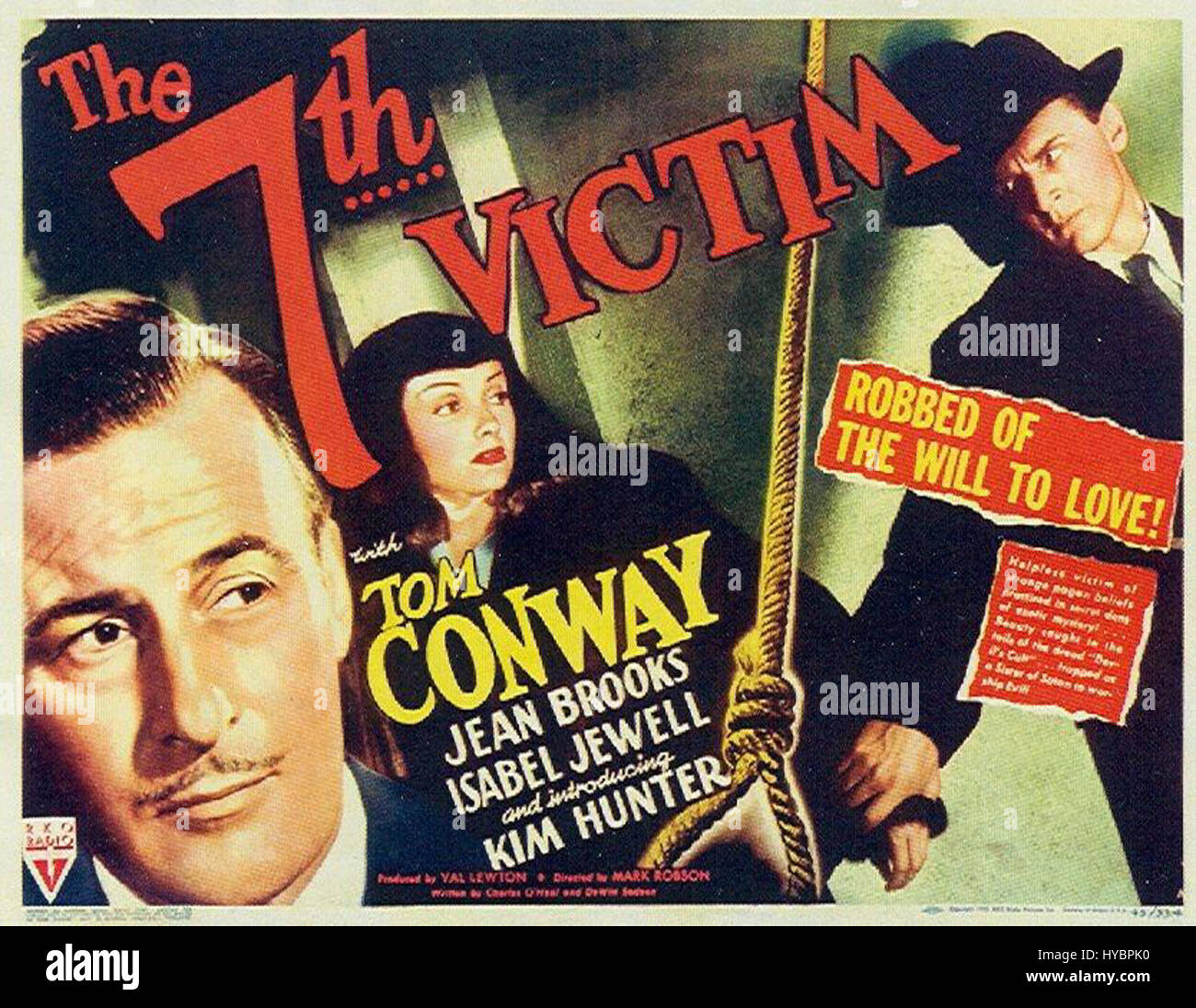 L'affiche du lobby pour le film de 1943 « The Seventh Victim » est une œuvre d'art promotionnel saisissante qui capture l'atmosphère suspensive et étrange du film. L'affiche présente une typographie audacieuse et un design dramatique qui reflète le genre de thriller noir de l'époque. Banque D'Images
