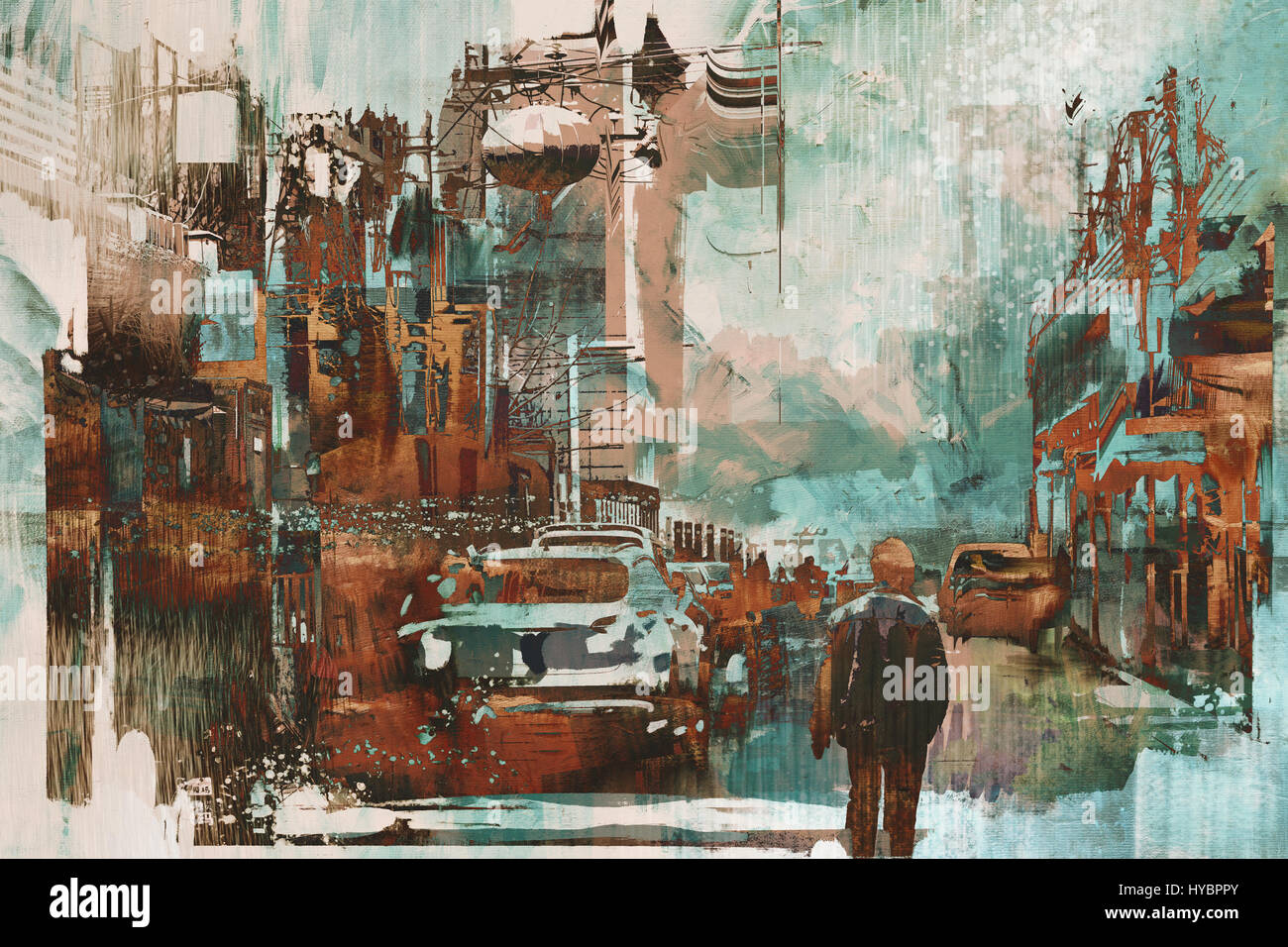 Homme marchant dans la rue de la ville avec la texture de la peinture abstraite, art illustration Banque D'Images