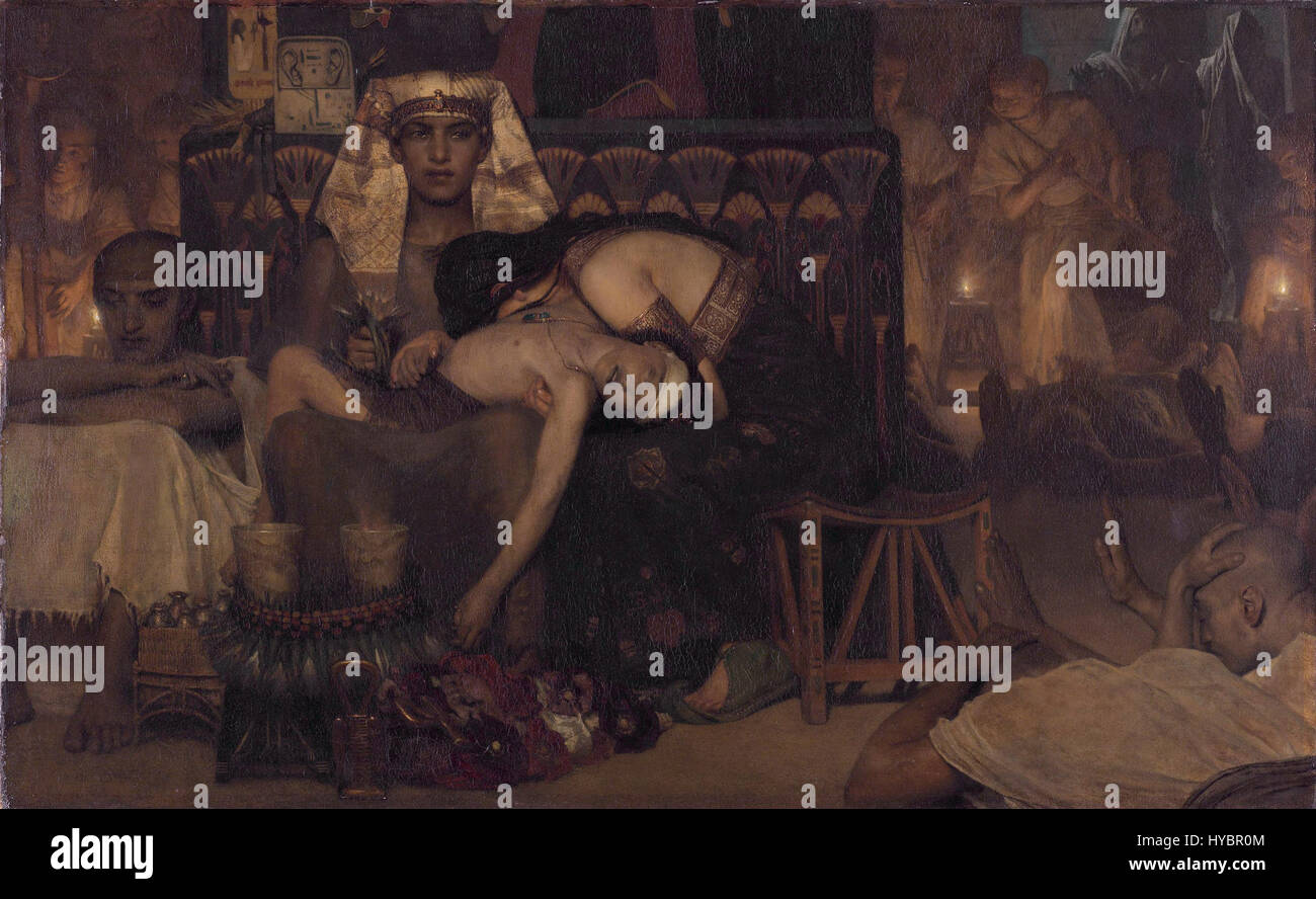 Le tableau de Lawrence Alma-Tadema de 1872, « mort du fils premier-né du Pharaon », capture une scène biblique dramatique. L'œuvre d'art transmet l'intensité et l'émotion du moment, dépeignant le chagrin du roi égyptien. Banque D'Images