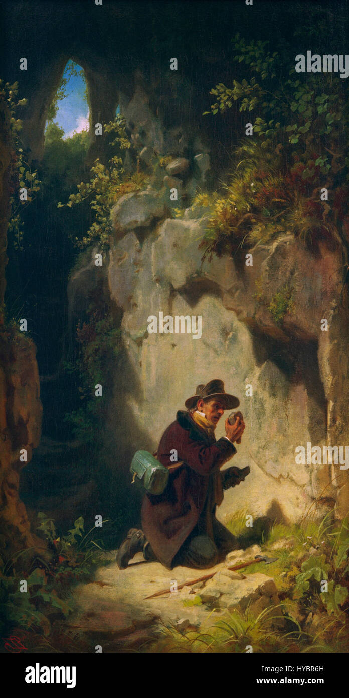 'Der Geologe' (le géologue) de Carl Spitzweg représente un géologue sur le terrain, examinant des roches et des minéraux. Cette peinture, créée au XIXe siècle, reflète l'intérêt de Spitzweg pour les scènes quotidiennes et l'étude minutieuse de la nature, caractéristique de ses peintures de genre. Banque D'Images