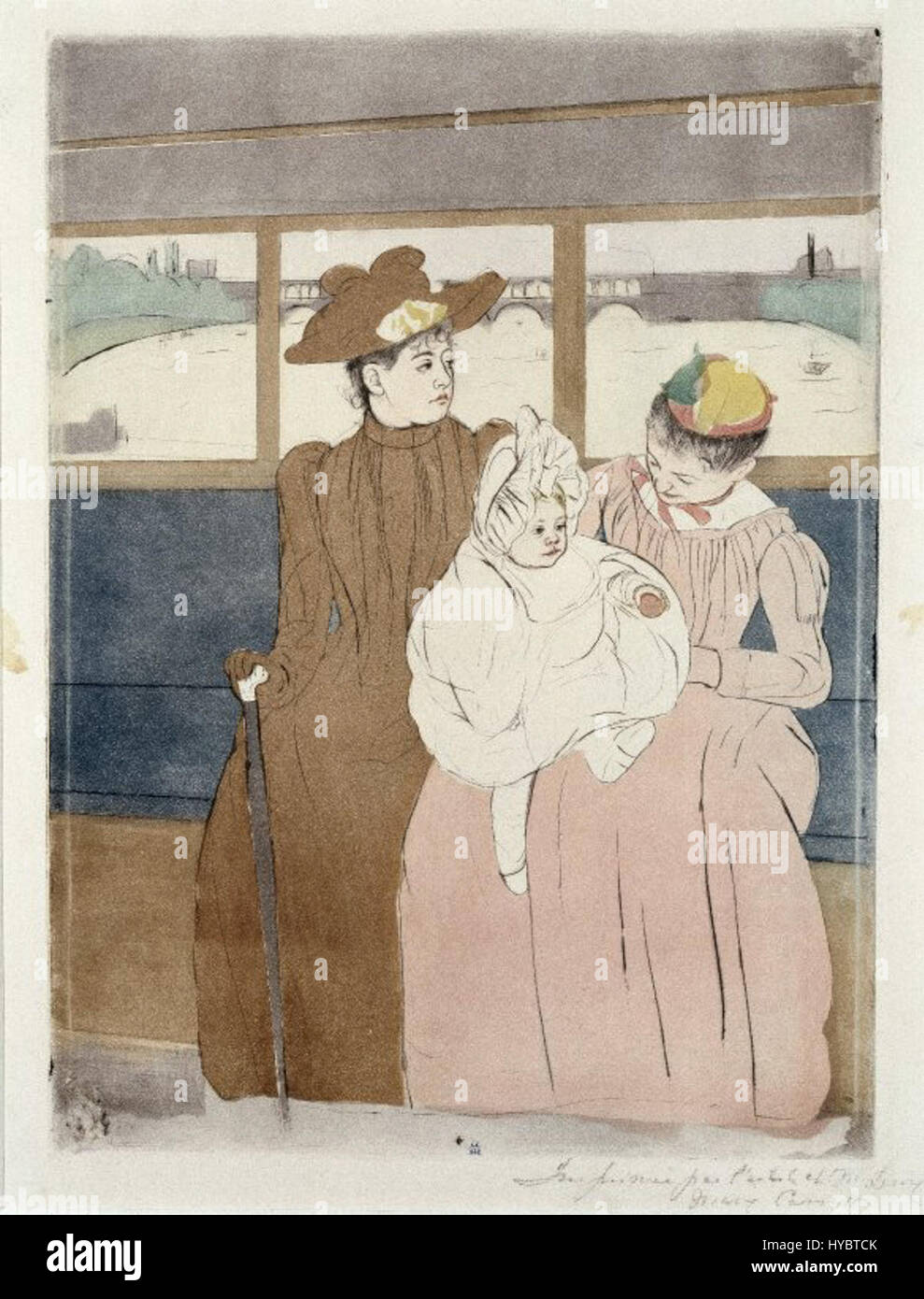« In the Omnibus » (le tramway) de Mary Cassatt capture un moment de la vie moderne à Paris, représentant une femme assise dans un tramway. La peinture met l'accent sur la dynamique sociale de l'époque, en se concentrant sur les expériences intimes et quotidiennes des femmes. L’utilisation de la couleur et de la lumière par Cassatt transmet un sentiment d’atmosphère, mettant en valeur sa maîtrise dans la représentation de la vie urbaine moderne. Banque D'Images