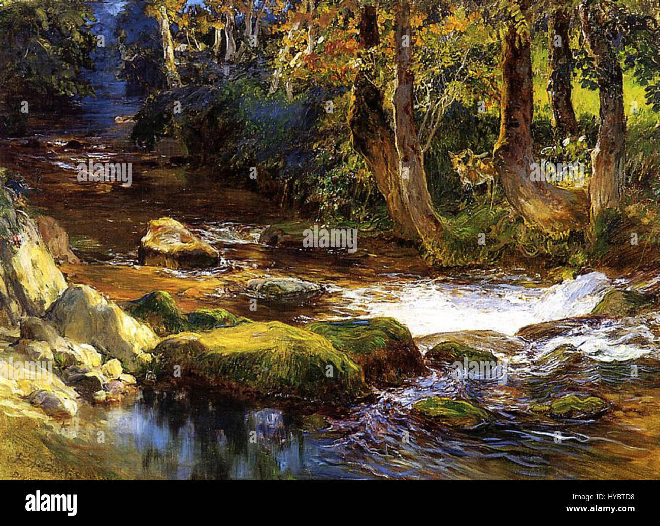 « River Landscape with Deer » de Frederick Arthur Bridgman capture un paysage naturel serein avec des cerfs qui paissent au bord d'une rivière. La scène met l'accent sur la vie rurale paisible, mettant en valeur l'harmonie entre les animaux et la nature. Banque D'Images