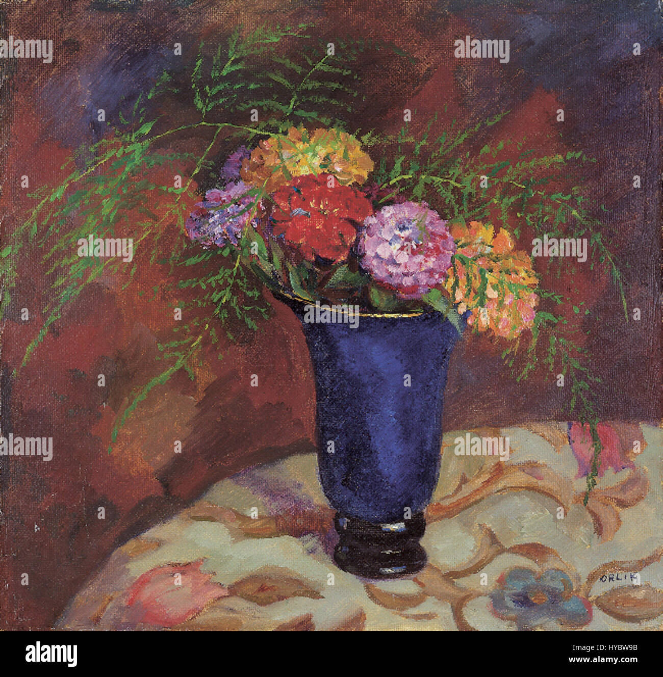 Emil Orlik (1870-1932) était un artiste germano-autrichien connu pour ses gravures sur bois et ses œuvres graphiques. Sa série 'Zinnien' (Cornflower) reflète sa maîtrise dans la capture de la beauté délicate de la nature. Les estampes d'Orlik sont remarquables pour leurs contrastes nets et leurs lignes complexes, qui transmettent l'essence des fleurs de manière dynamique et détaillée. Son travail a influé sur le développement du graphique du début du XXe siècle Banque D'Images