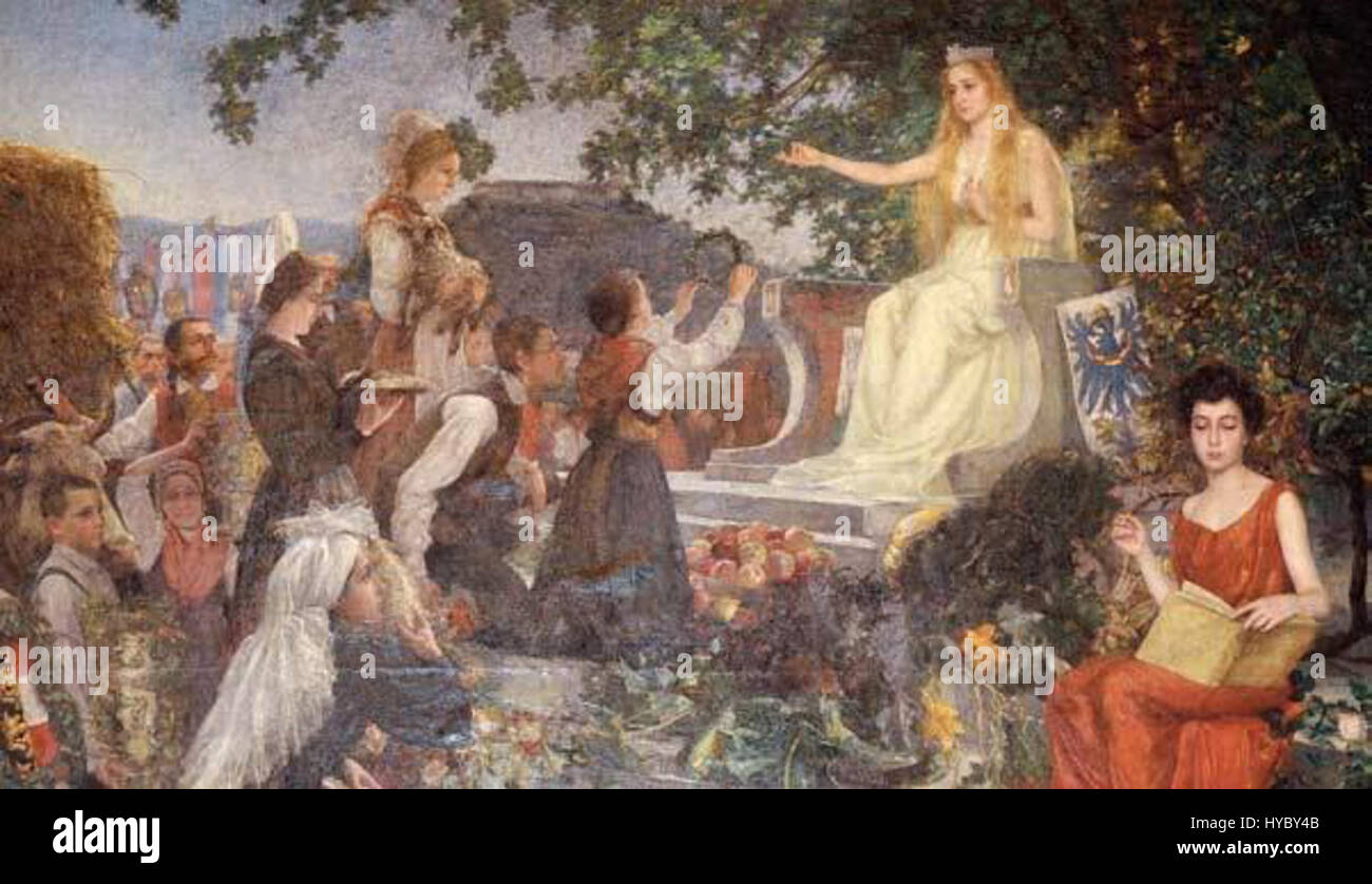 'Slovenija se klanja Ljubljani' d'Ivana Kobilca est une peinture qui exprime la fierté nationale de la Slovénie, représentant une scène honorant la capitale, Ljubljana. Le travail reflète l'accent mis par Kobilca sur l'identité et la culture slovènes. Banque D'Images