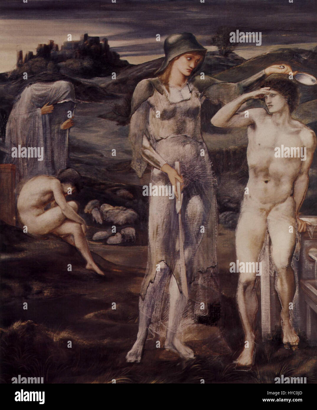 Sir Edward Burne-Jones était un artiste anglais connu pour son rôle dans la confrérie préraphaélite. Ses œuvres, comme cette pièce, explorent des thèmes médiévaux et mythologiques avec un symbolisme riche et des couleurs vives. Banque D'Images