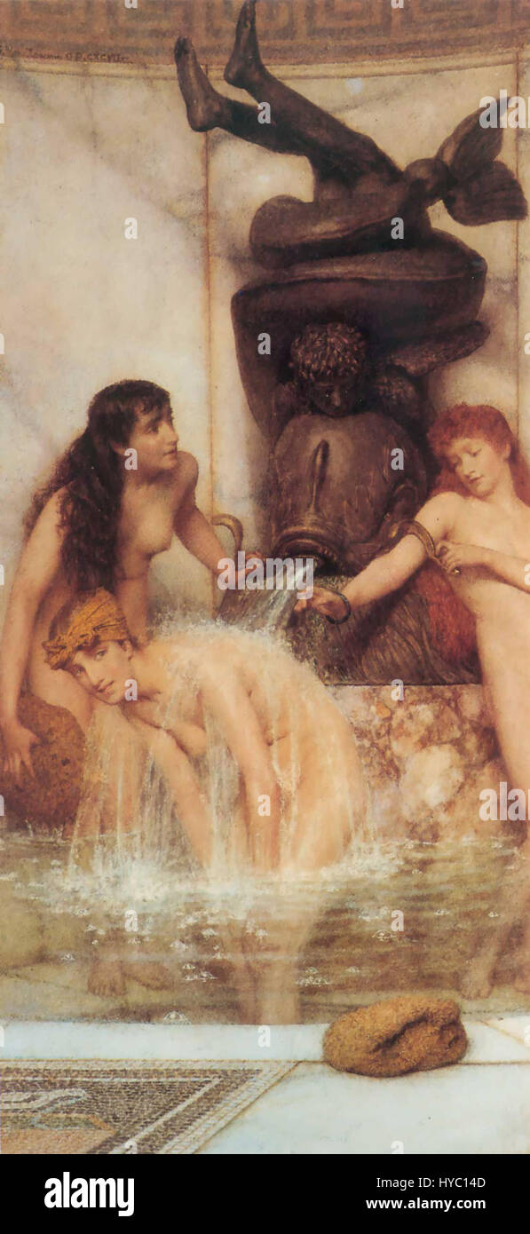Une peinture de Lawrence Alma Tadema de 1879, intitulée 'Strigils and Sponges', représentant une scène romaine antique, se concentrant sur l'utilisation de strigils et d'éponges dans les rituels de baignade romains. Banque D'Images