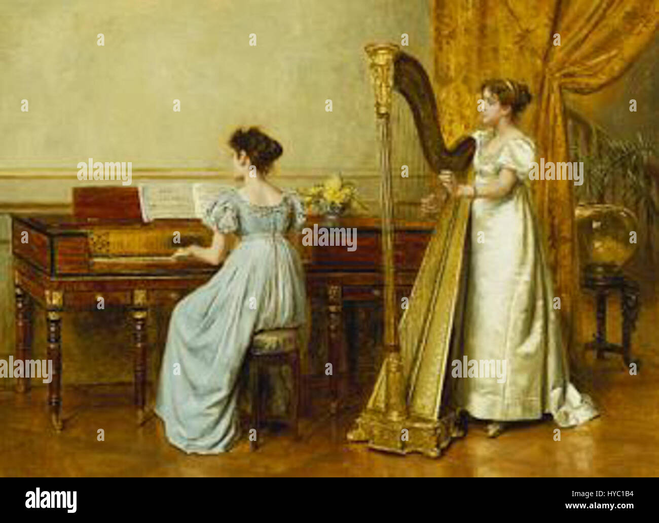 *G.G. Kilburne* *The Music Room* représente une élégante scène intérieure mettant en vedette une femme jouant du piano. Le cadre de l'époque victorienne est rempli de détails riches, capturant le raffinement et les loisirs de l'époque, mettant l'accent sur la musique comme thème culturel central. Banque D'Images