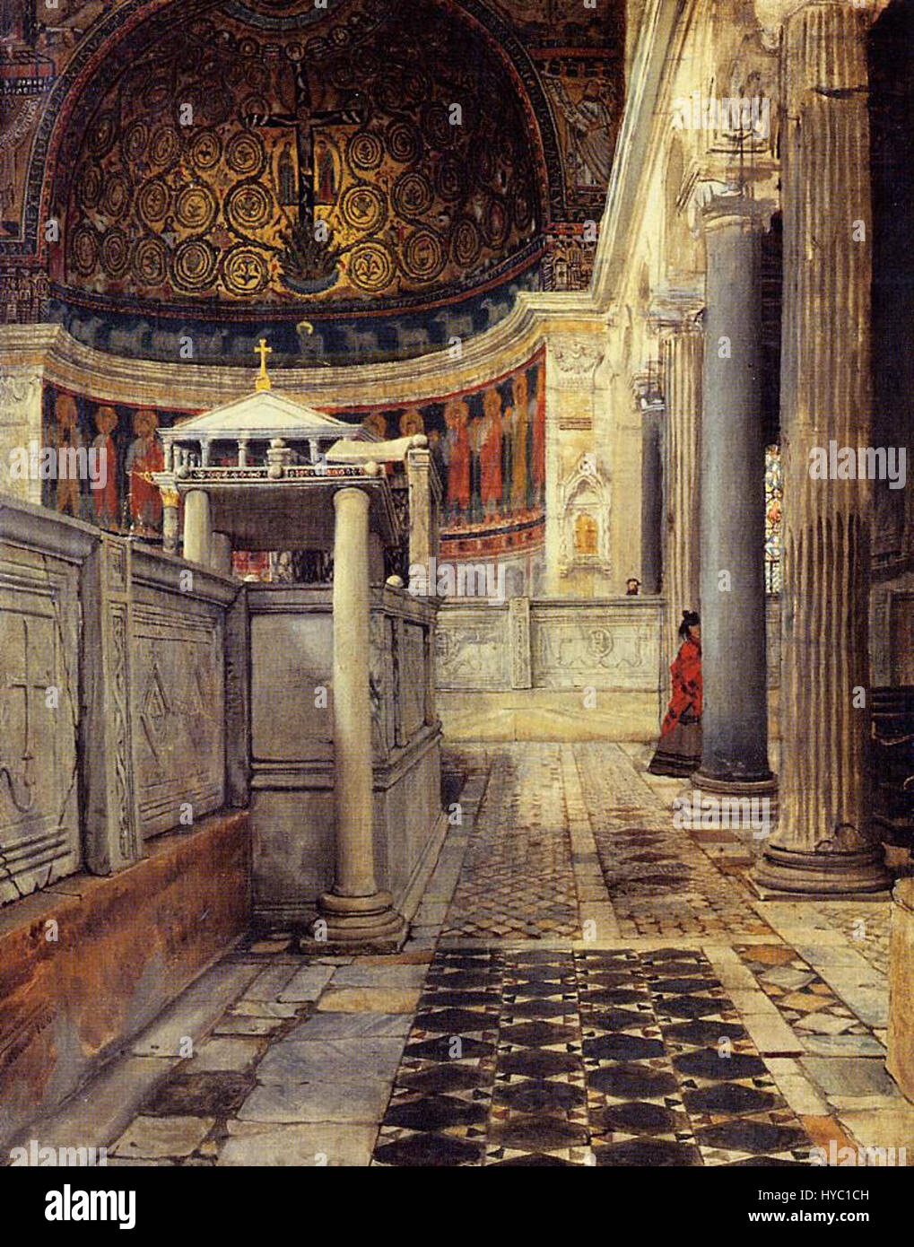 'Alma Tadema Chiesa San Clemente' est une peinture du célèbre artiste Lawrence Alma-Tadema. L’œuvre d’art capture la beauté architecturale de la Chiesa San Clemente à Rome, mettant en valeur le style détaillé d’Alma-Tadema et l’utilisation de la lumière dans la représentation de décors historiques. Banque D'Images