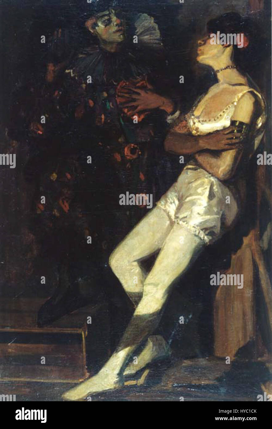 Une pièce d'Amandus Faure mettant en vedette les personnages Artistin et Pierrot. Le travail de Faure reflète son exploration de la représentation des personnages dans l'art, avec un accent sur l'expression dramatique et la profondeur émotionnelle. Banque D'Images