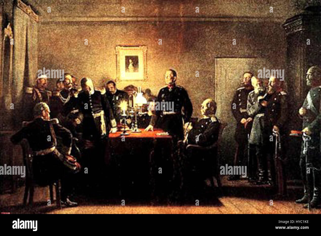 *Les Kapitulations Verhandlungen von Sedan* d’Anton von Werner décrivent les négociations qui ont suivi la reddition à la bataille de Sedan en 1870, un moment important de la guerre franco-prussienne. La peinture capture la tension et la formalité du processus de reddition. Banque D'Images