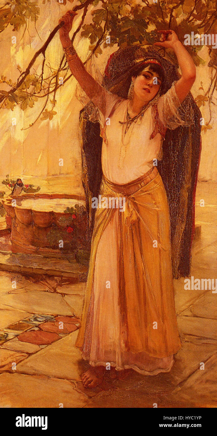 « Spanish Lady » de Frederick Arthur Bridgman dépeint une femme vêtue d'une tenue espagnole traditionnelle, mettant en valeur la beauté et le patrimoine culturel de l'Espagne à travers des couleurs vives et un artisanat détaillé dans la représentation de la figure. Banque D'Images