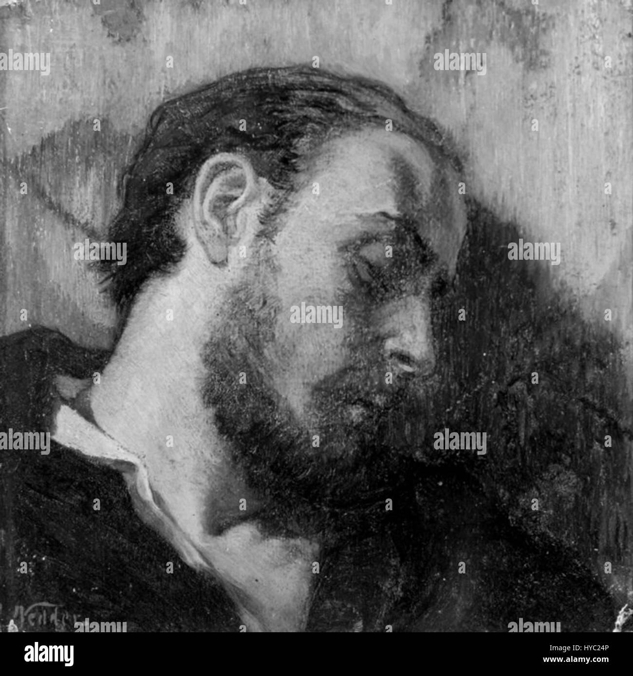 L'étude pour la tête de l'alchimiste mort d'Elihu Vedder capture le sombre sujet de la mort et de la transformation. L’œuvre reflète le voyage mystique de l’alchimiste à travers le prisme du style symbolique de Vedder. Banque D'Images