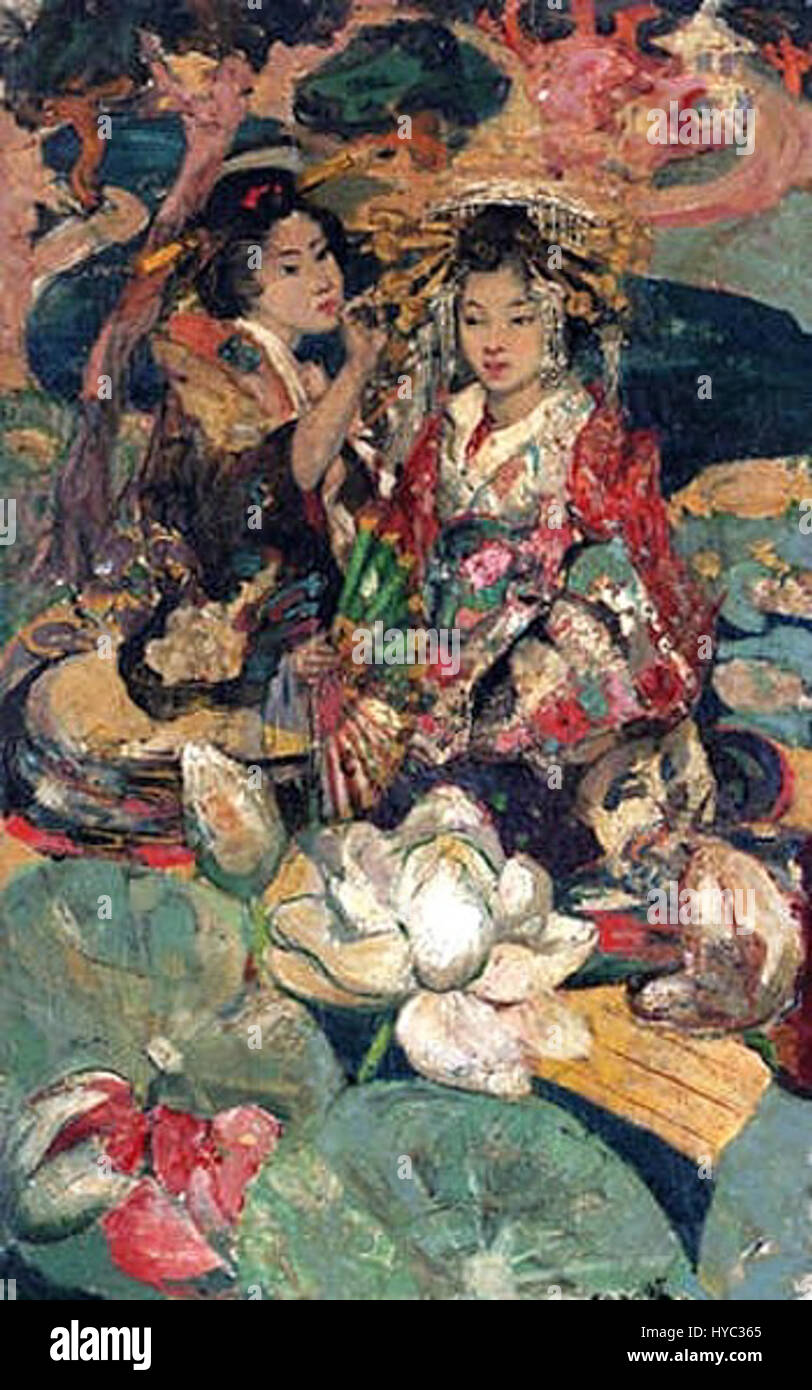 « Lotus Flower » d'Edward Atkinson Hornel met en valeur l'habileté de l'artiste à représenter des fleurs délicates avec des détails fins. Utilisant une palette de couleurs discrètes et un pinceau doux, Hornel souligne la nature complexe du lotus, qui symbolise la pureté et l'illumination dans diverses cultures. La peinture reflète son engagement à capturer la beauté naturelle et la sérénité. Banque D'Images