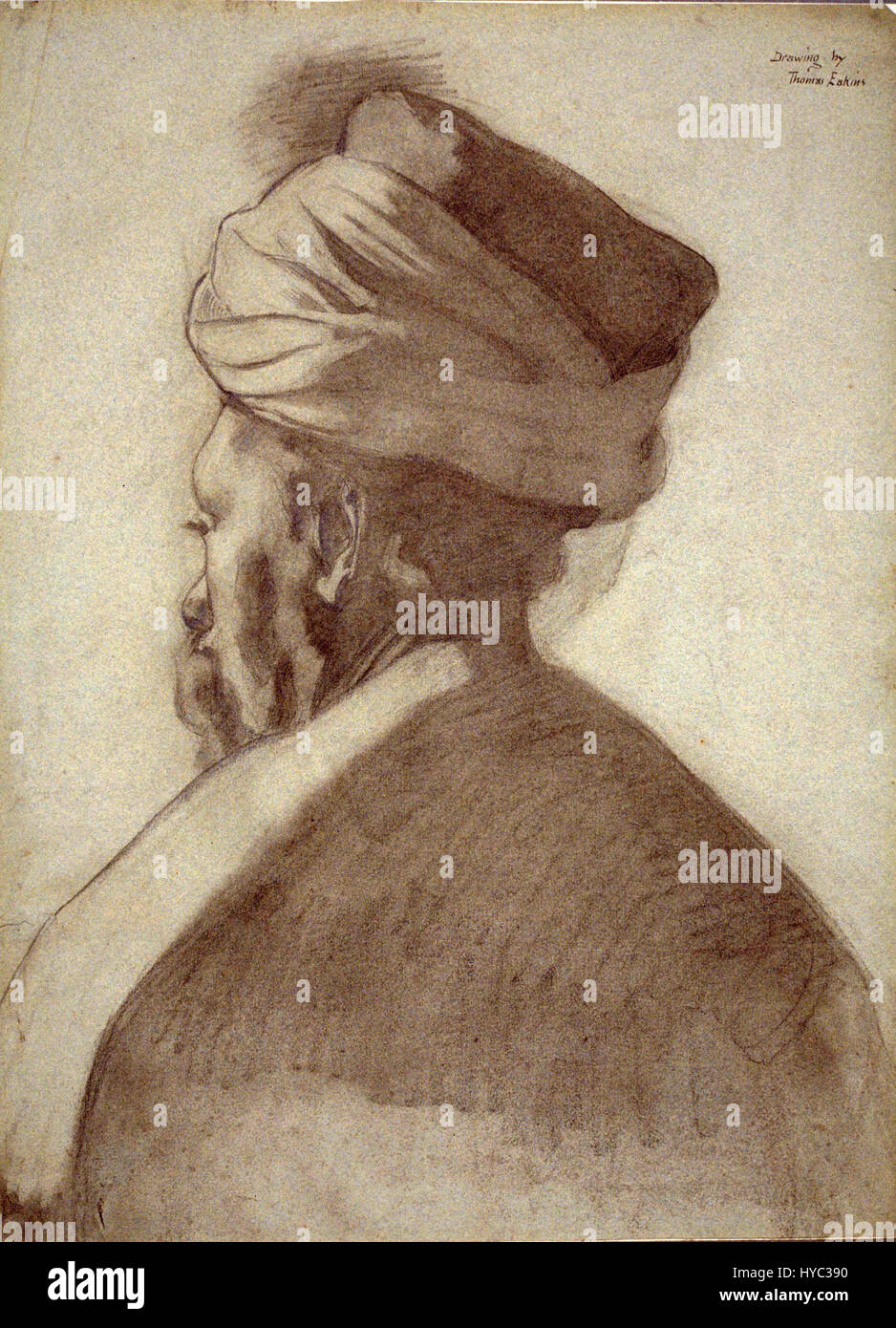 Le portrait de Thomas Eakins « Man in Turban » capture une figure assise dans un turban richement détaillé, reflétant l'attention de l'artiste pour le réalisme et son habileté à dépeindre des individus avec une profondeur psychologique. Banque D'Images